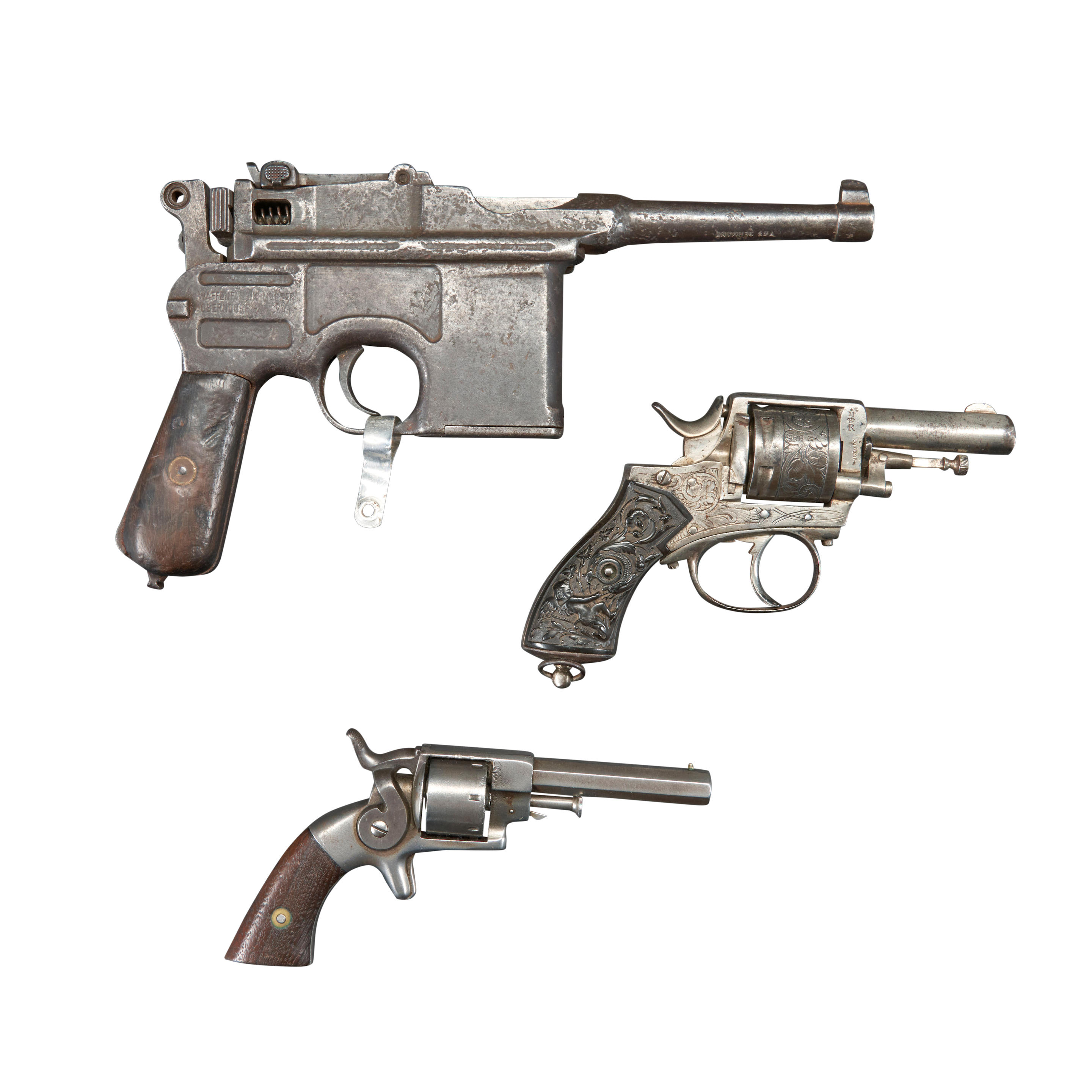 Appraisal: C BROOMHANDLE MAUSER AND TWO SMALL REVOLVERS LATE TH-EARLY TH