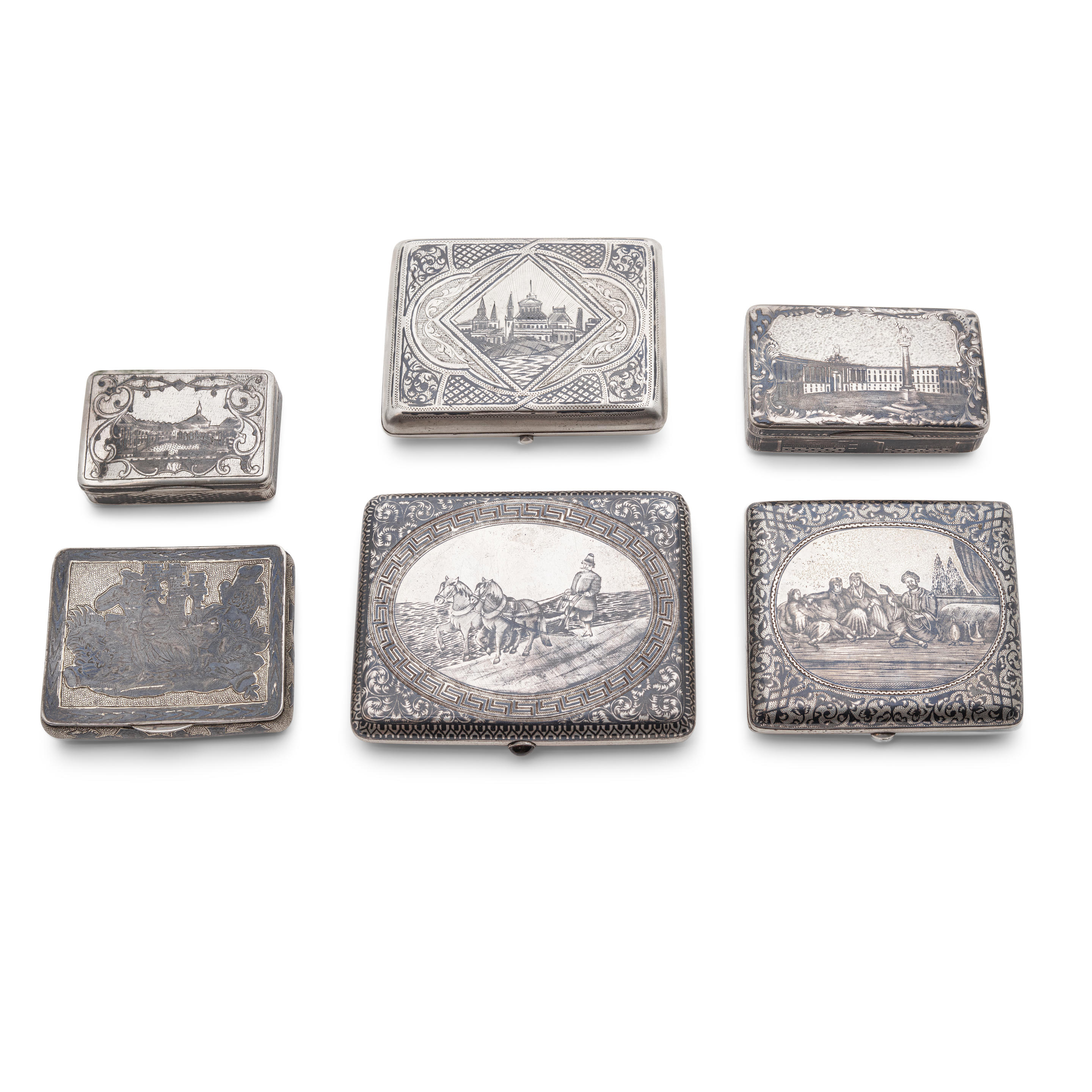 Appraisal: SIX RUSSIAN AND USSR STANDARD SILVER AND NIELLO PILLBOXES AND