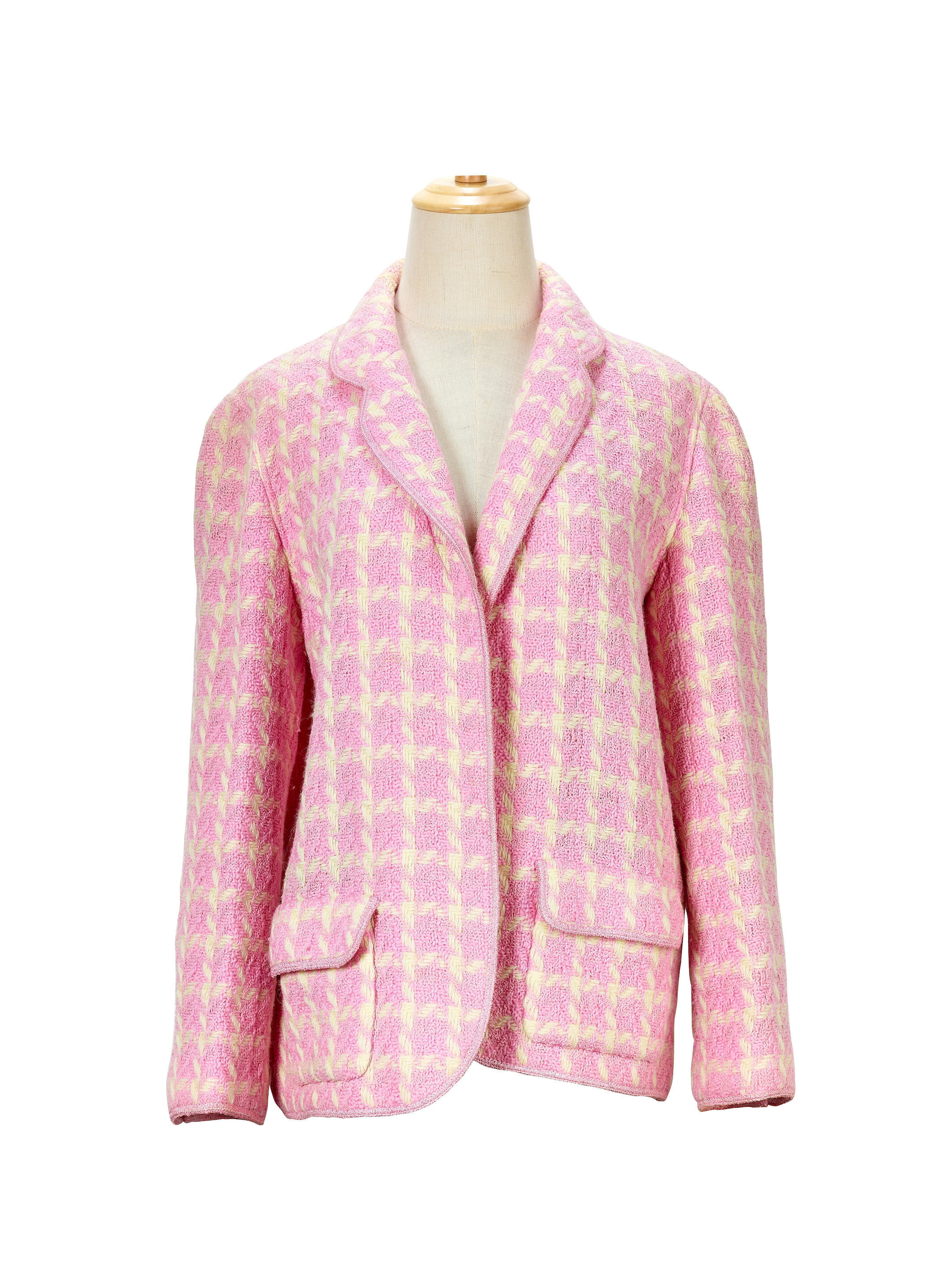 Appraisal: CHANEL PINK AND WHITE HOUNDSTOOTH PATTTERN JACKET - s Size