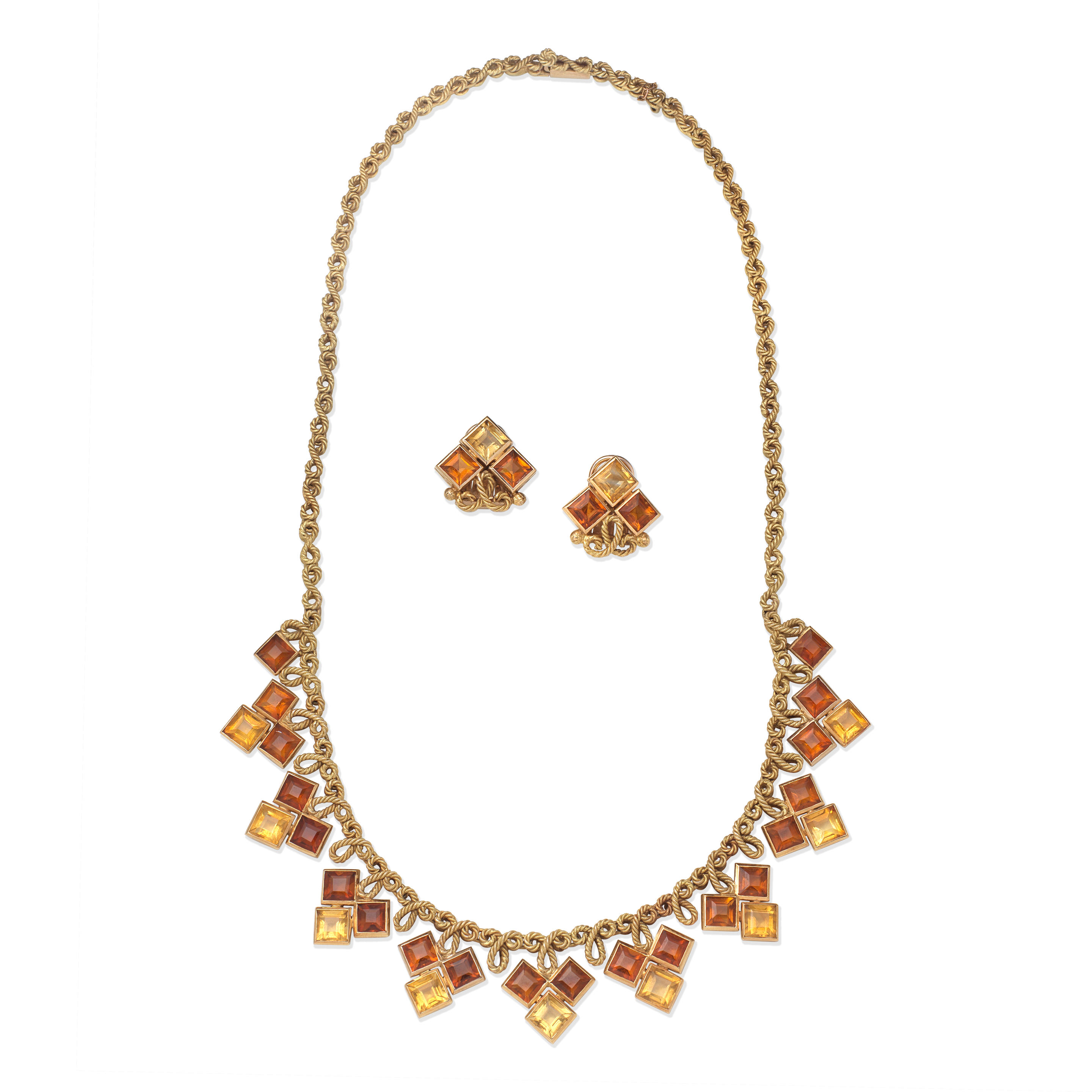 Appraisal: CITRINE NECKLACE AND EARCLIP SUITE - Square-cut citrine - Lengths