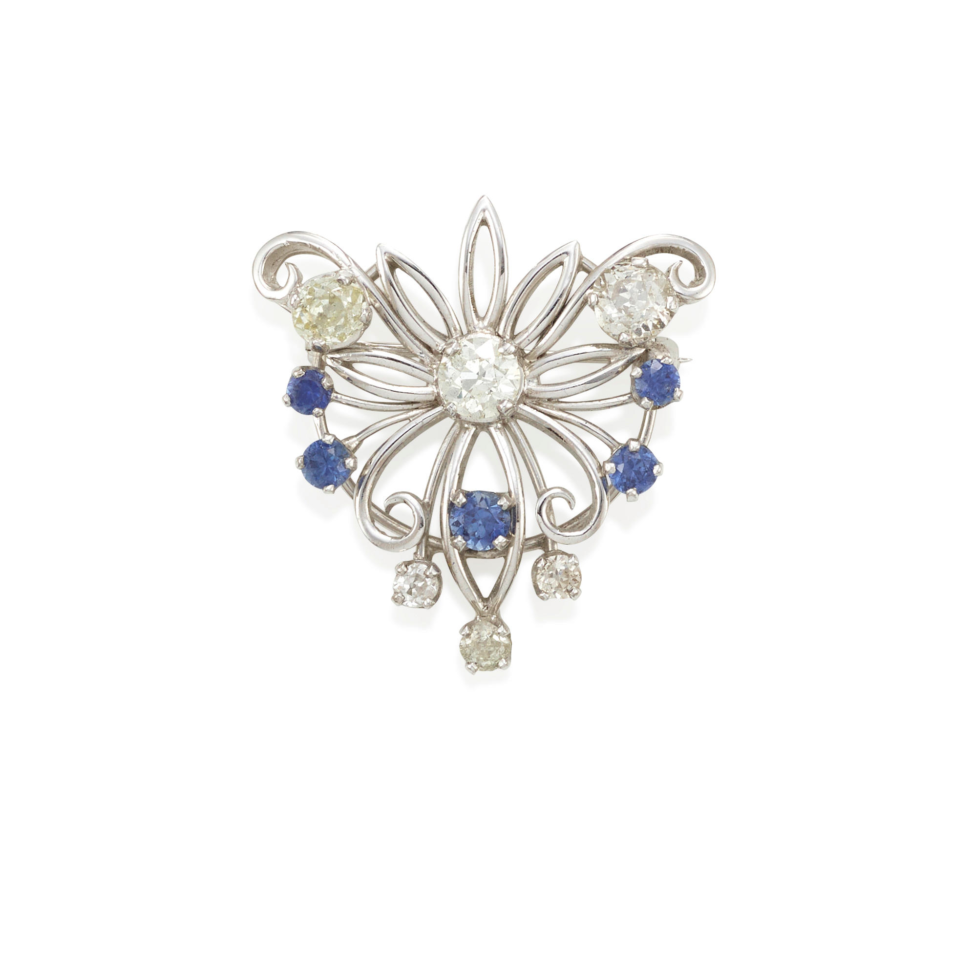 Appraisal: A WHITE GOLD SAPPHIRE AND DIAMOND BROOCH Diamonds sapphires estimated