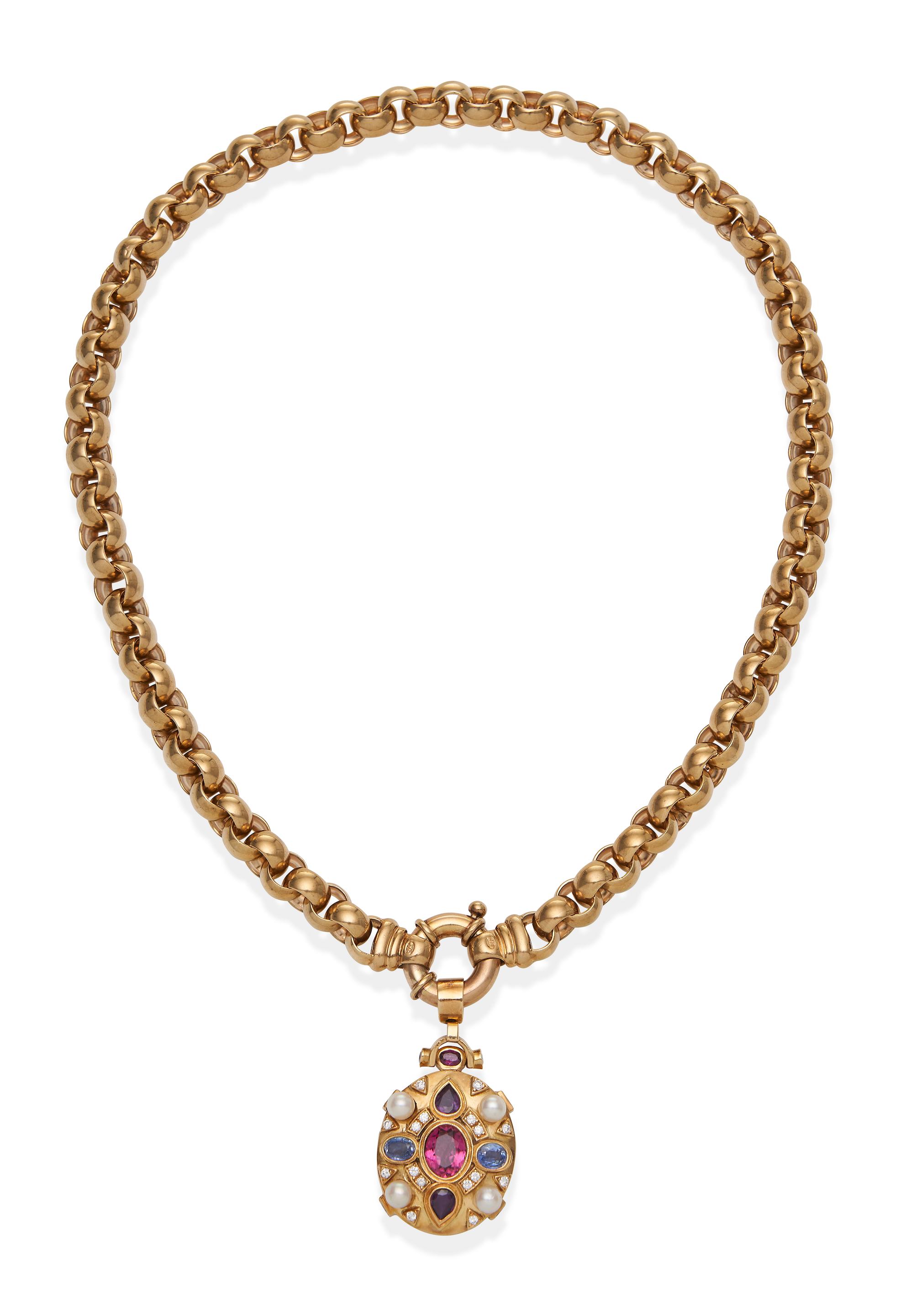 Appraisal: GOLD DIAMOND PEARL AND GEM-SET PENDANT NECKLACE The pendant set