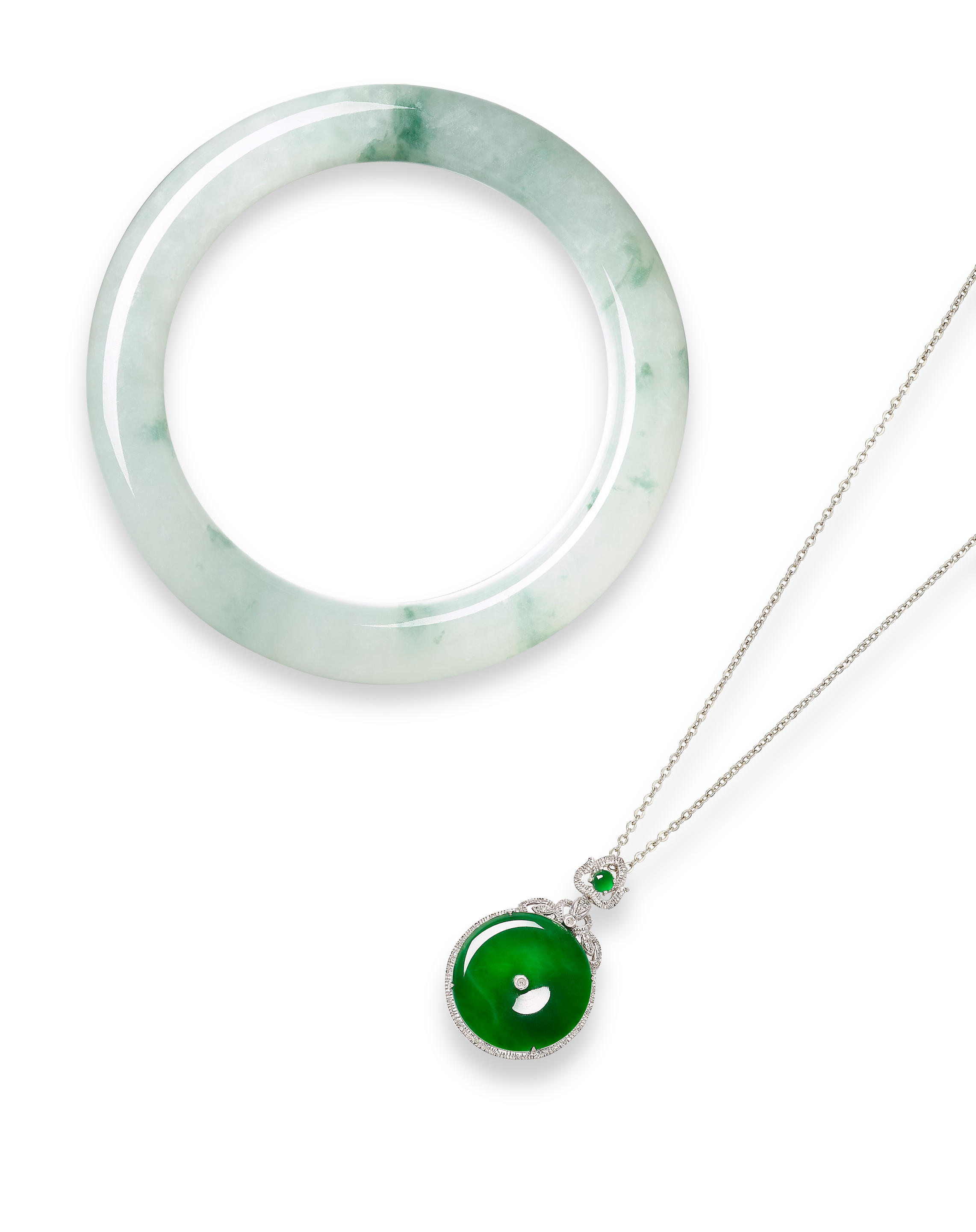 Appraisal: ICY JADEITE BANGLE AND JADEITE 'HUAIGU' AND DIAMOND PENDANT NECKLACE