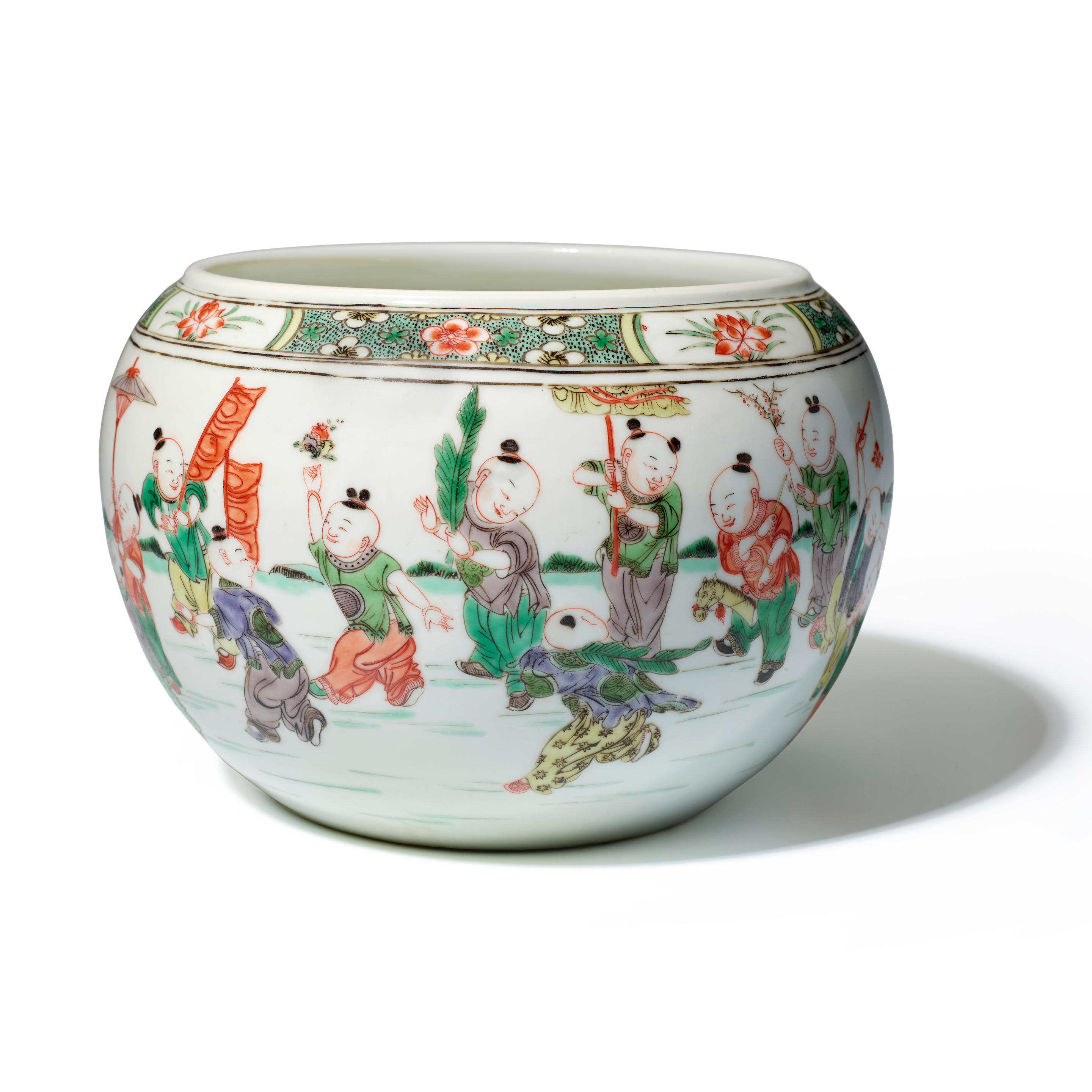 Appraisal: A FAMILLE-VERTE 'PLAYFUL-BOYS' ROUNDED JAR Kangxi period With widely rounded