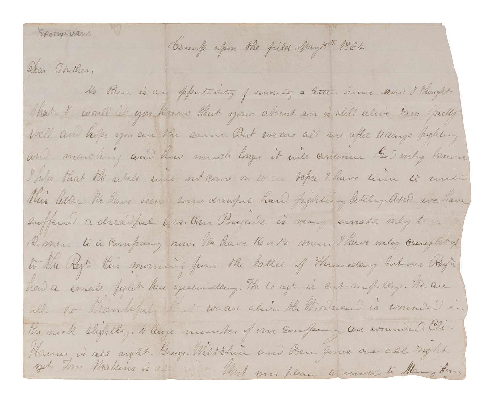 Appraisal: CIVIL WAR Letter written by Private Thomas H Capern Co