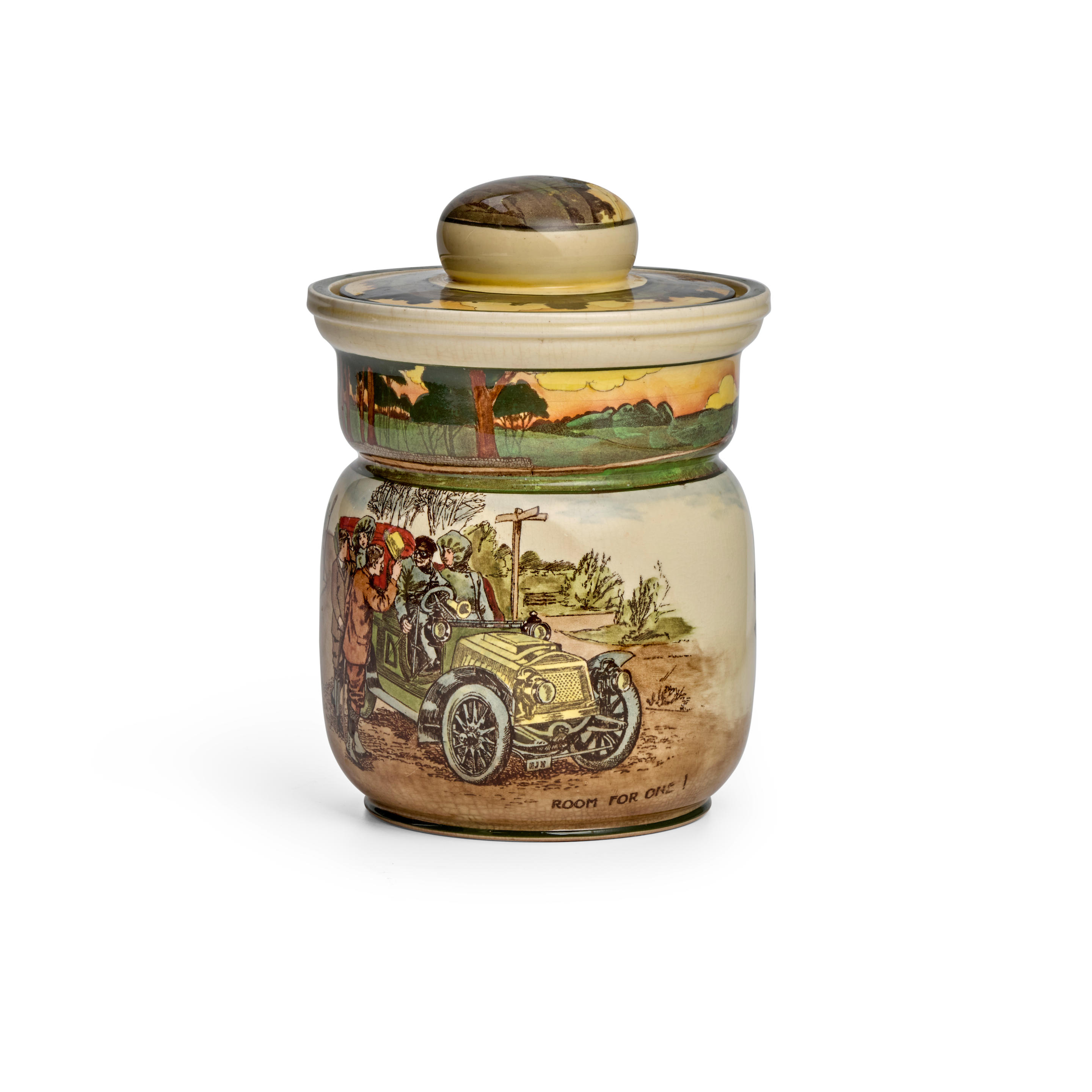 Appraisal: A SCARCE ROYAL DOULTON 'MOTORING SERIES' TOBACCO JAR WITH LID