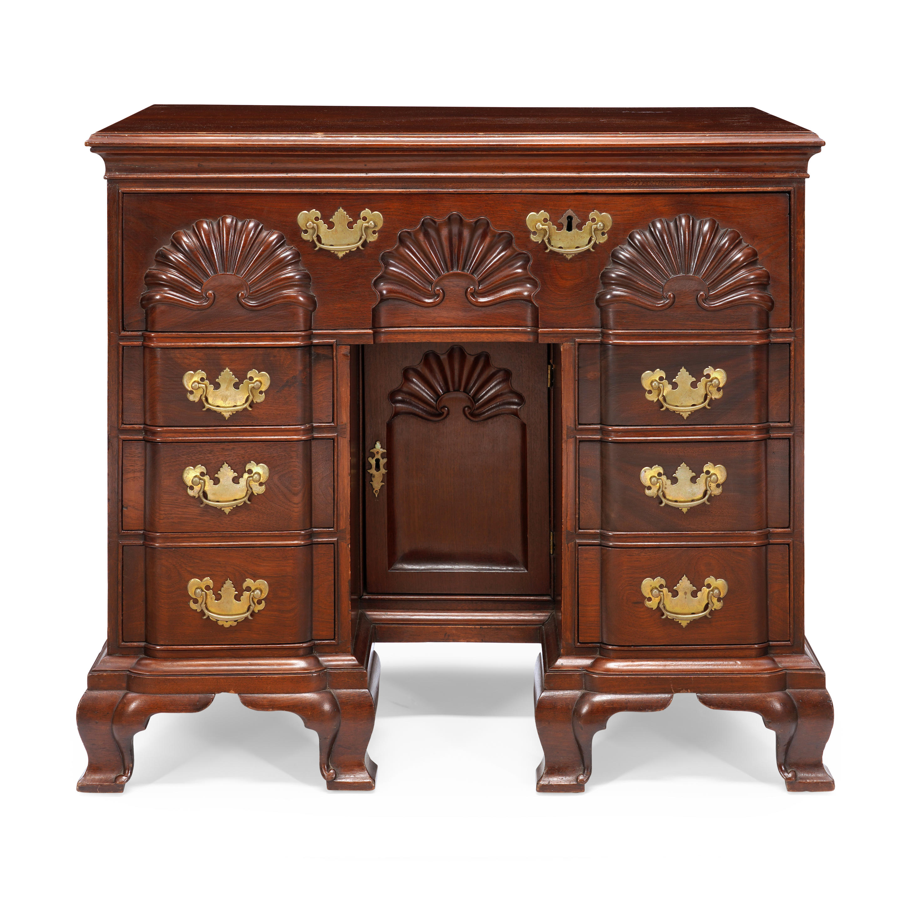 Appraisal: THE HOPKINS FAMILY BLOCK-AND-SHELL CARVED MAHOGANY KNEEHOLE BUREAU probably Providence