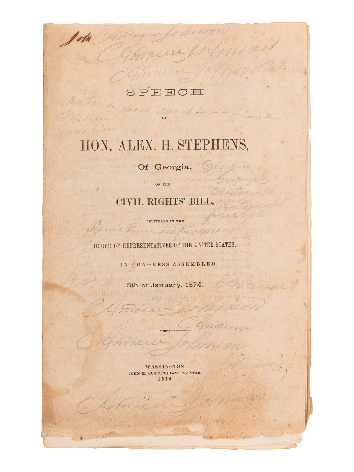 Appraisal: JOHNSON Andrew - his copy Stephens Alexander Hamilton Speech of