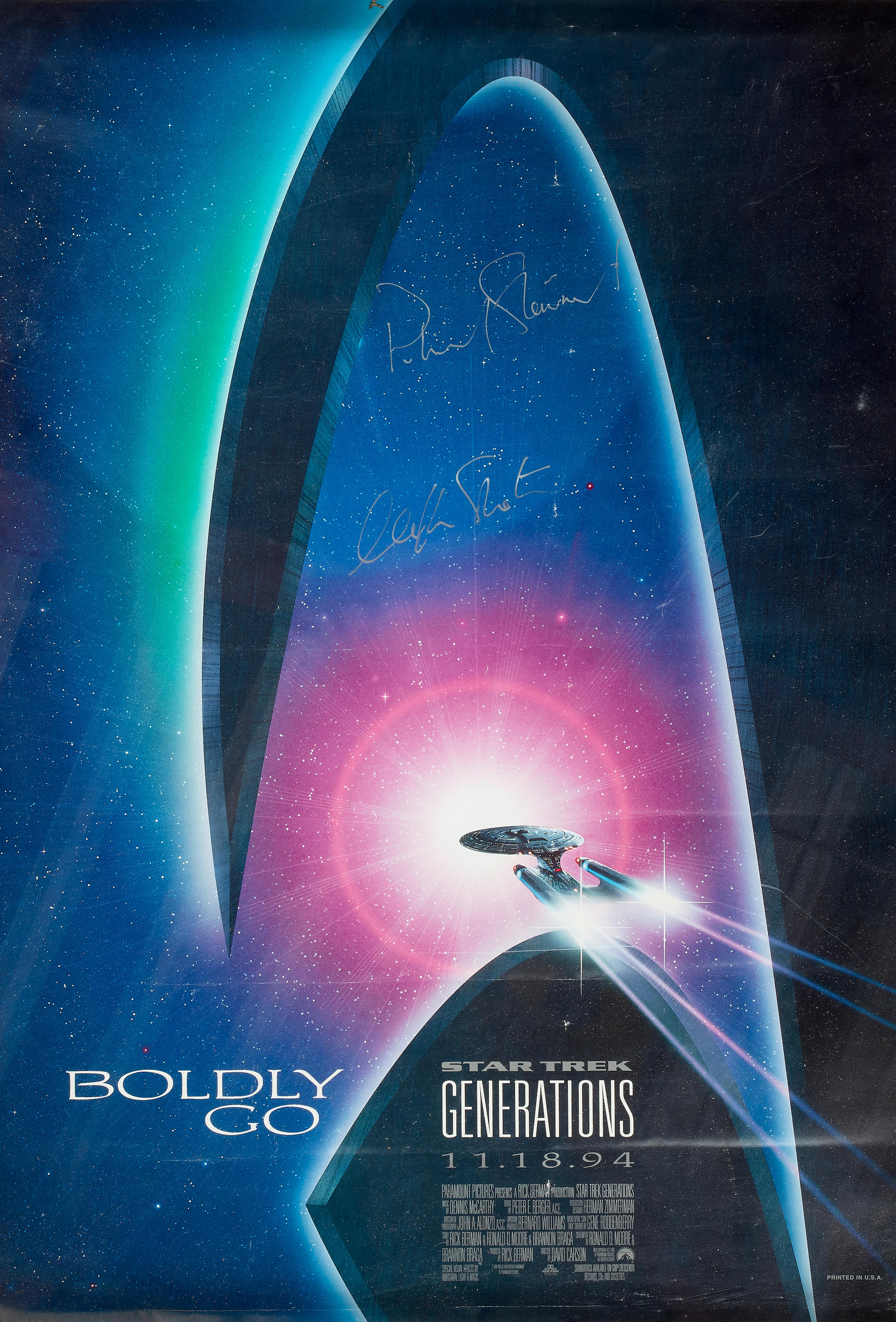 Appraisal: STAR TREK GENERATIONS BOLDLY GO POSTER SIGNED BY WILLIAM SHATNER