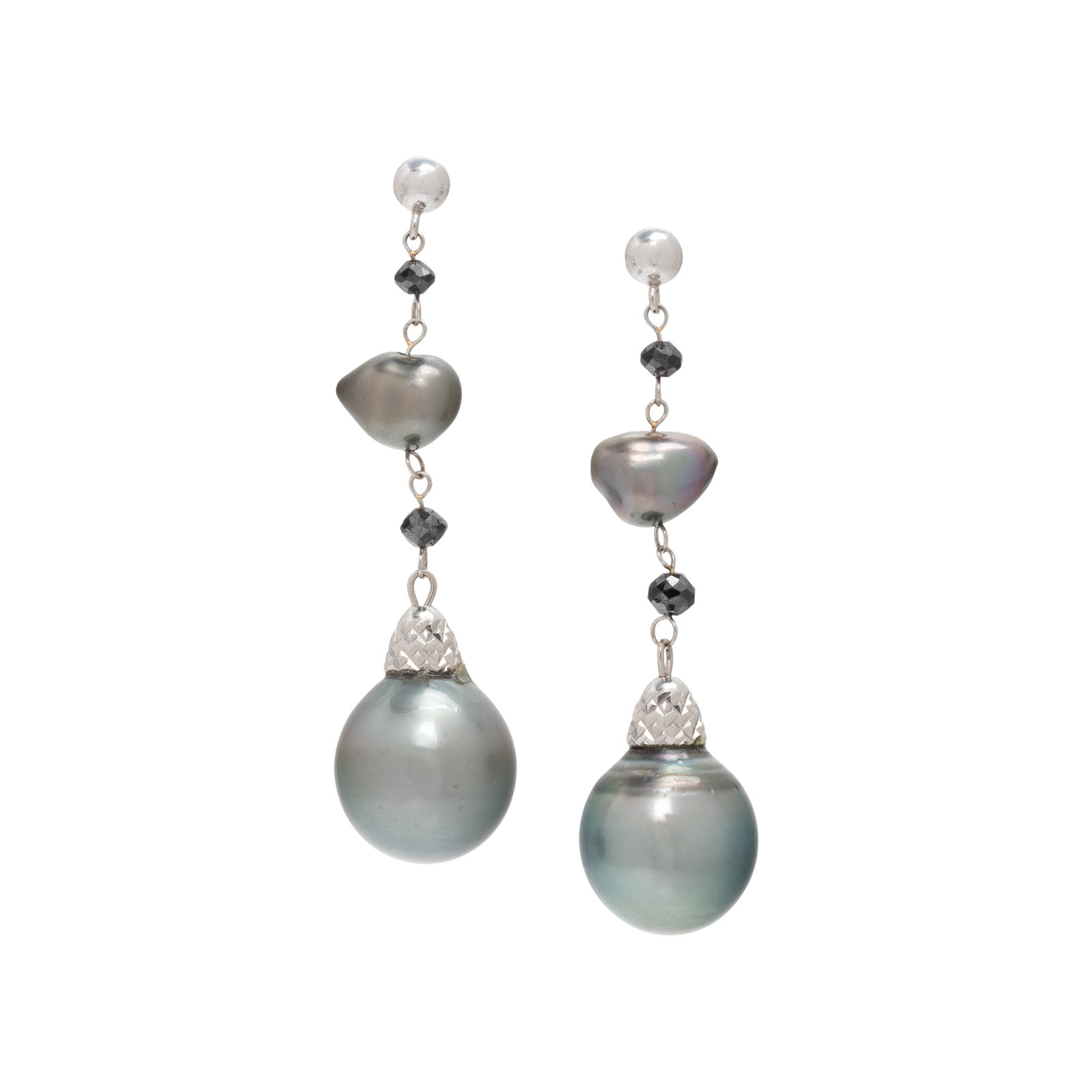 Appraisal: CULTURED TAHITIAN PEARL AND BLACK DIAMOND EARRINGS Containing two Tahitian