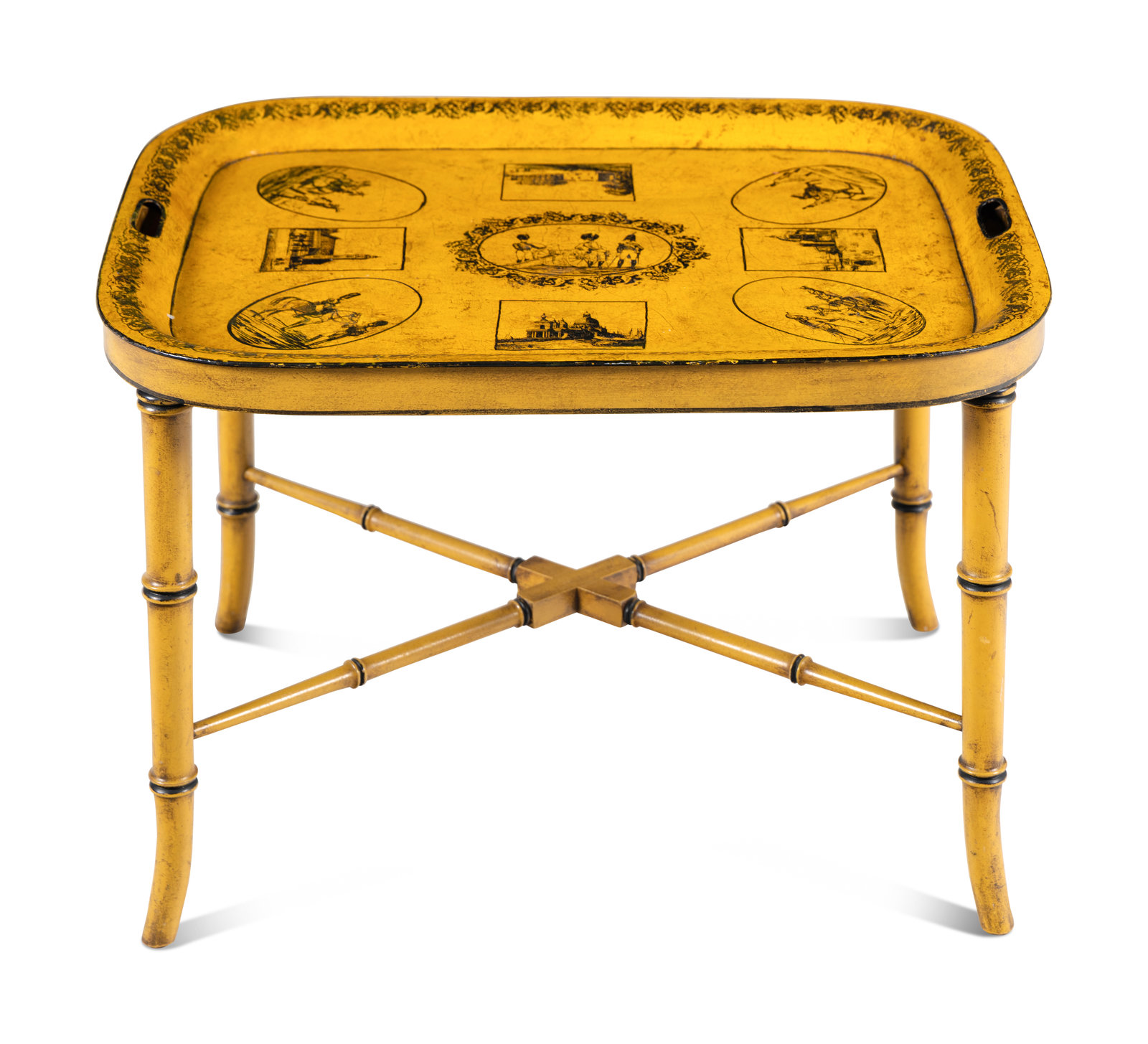 Appraisal: An English Yellow Tole Tray on Faux Bamboo Stand th