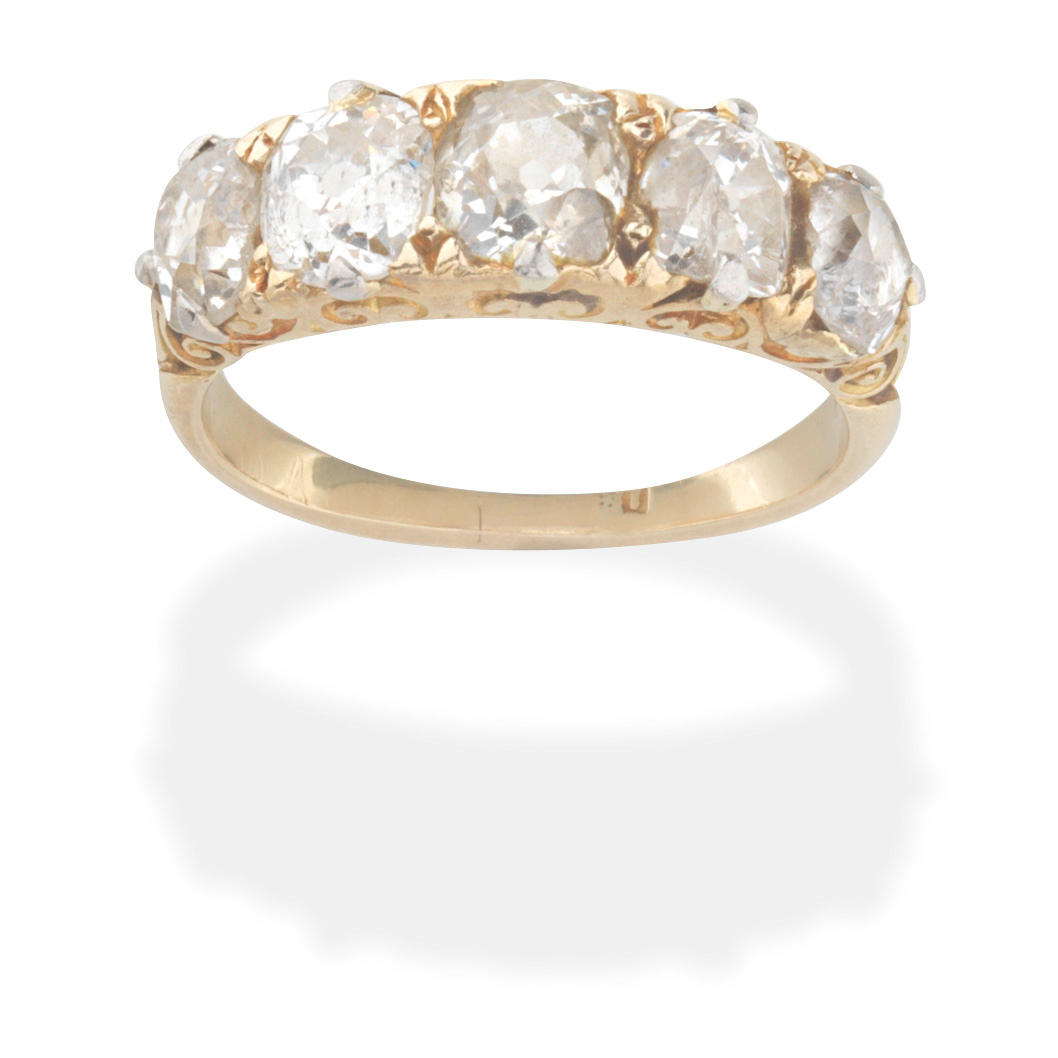 Appraisal: DIAMOND FIVE-STONE RING Set with graduated cushion-shaped diamonds diamonds approx