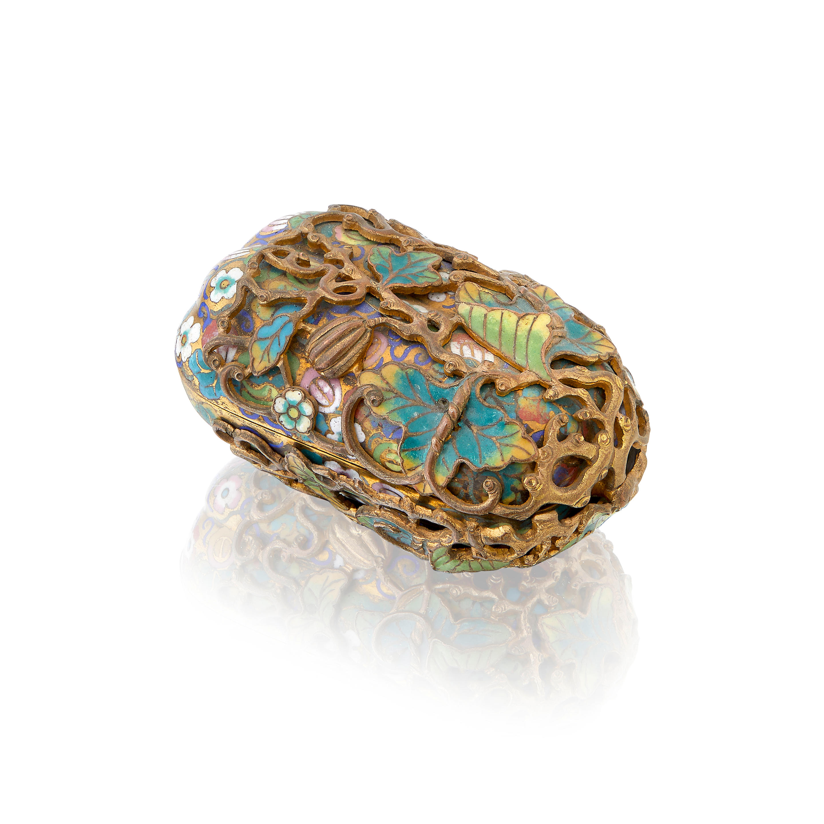 Appraisal: A CLOISONN ENAMEL AND CHAMPLEV 'MELON AND BUTTERFLY' BOX AND