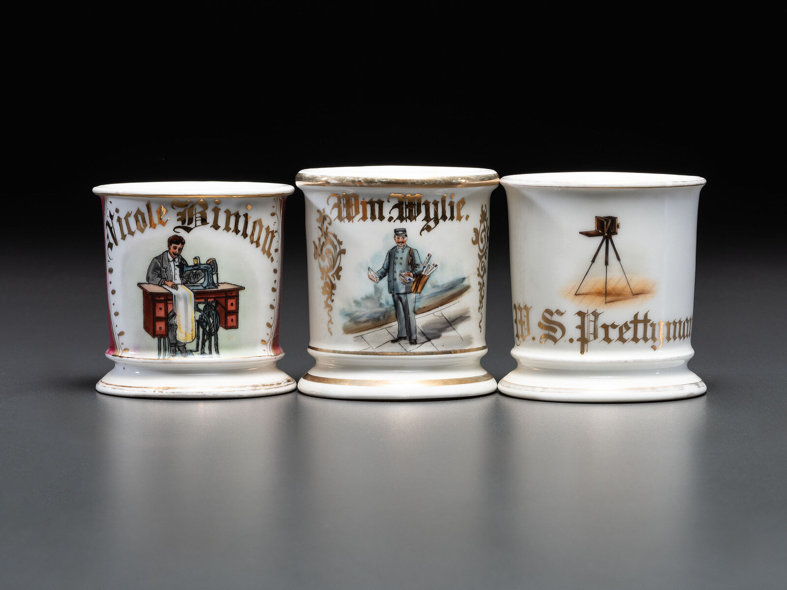 Appraisal: Three Porcelain Occupational Shaving Mugs Late th Early th Century