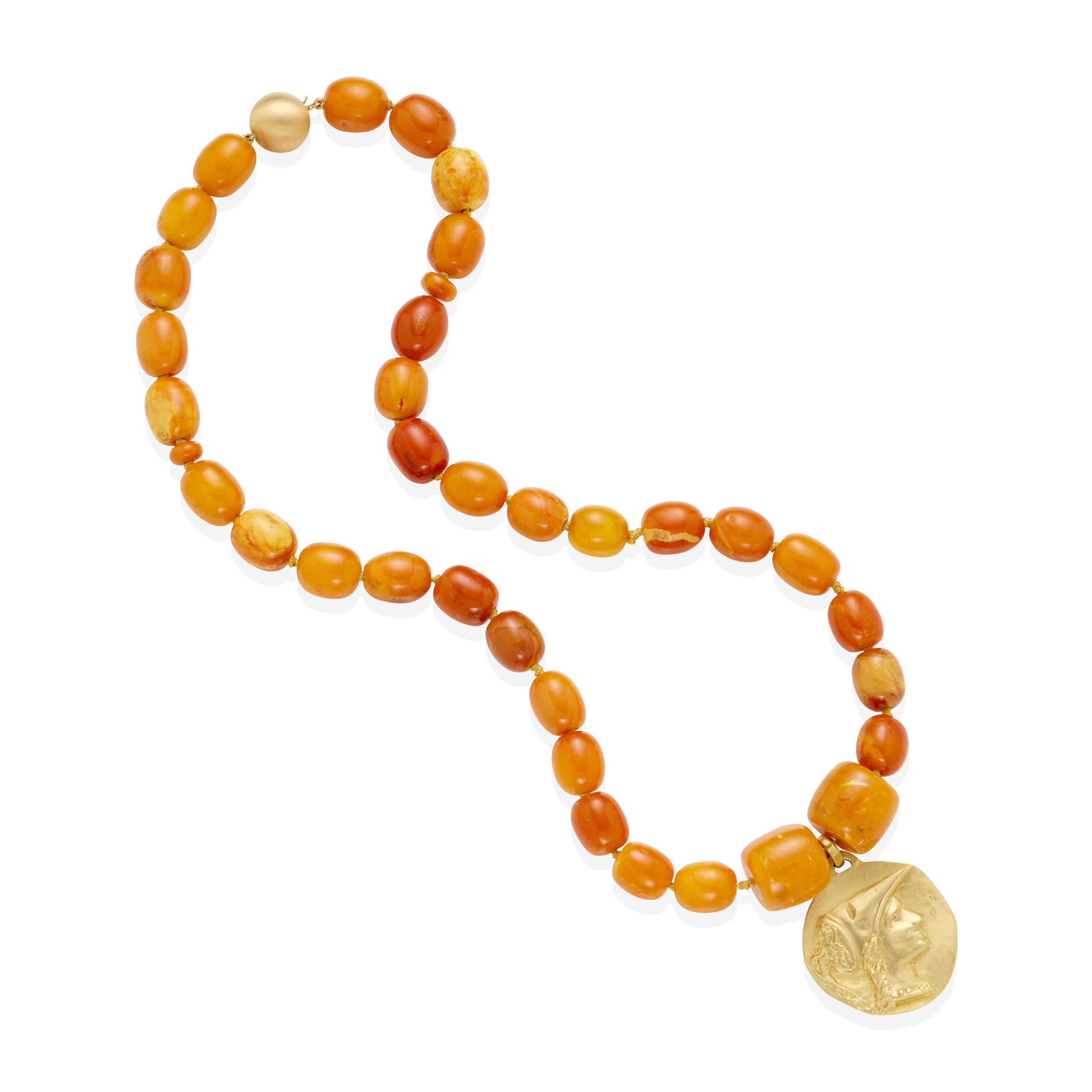 Appraisal: AN K GOLD AND AMBER BEAD PENDANT NECKLACE Designed as