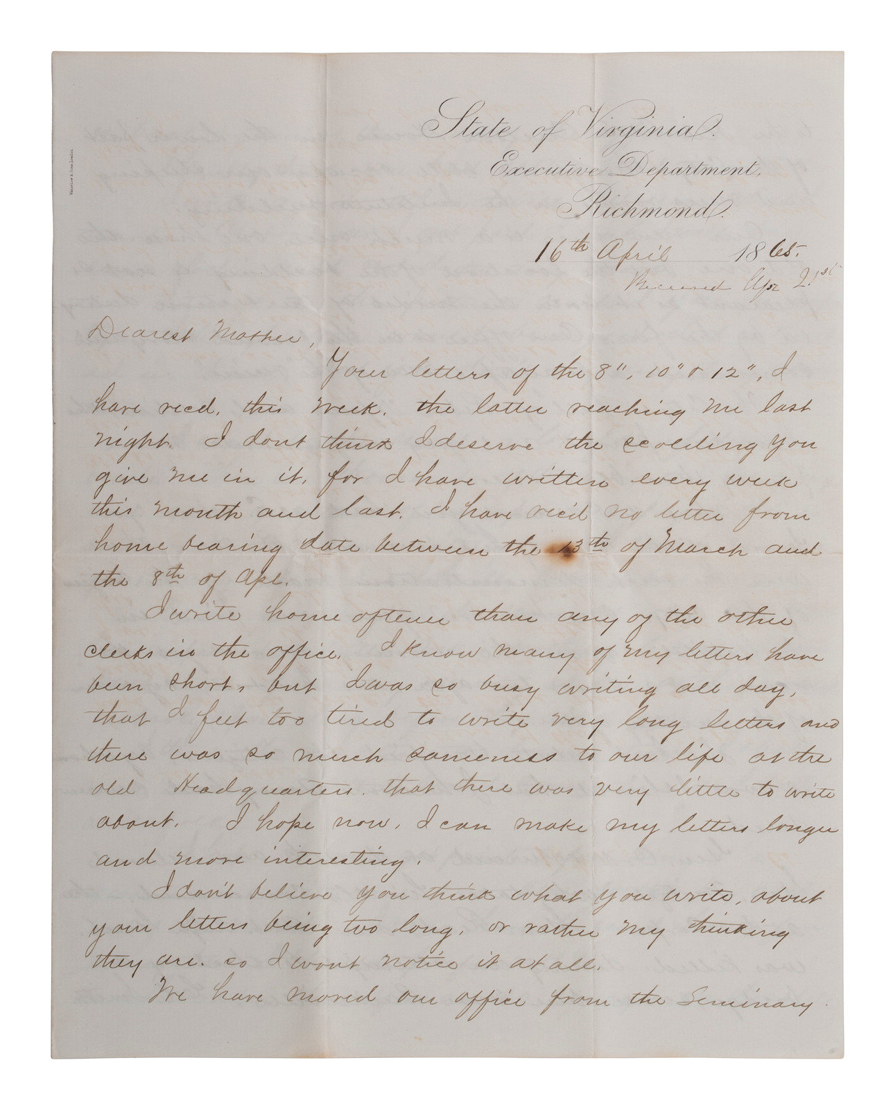 Appraisal: CIVIL WAR Union soldier's letter written on captured Confederate stationery