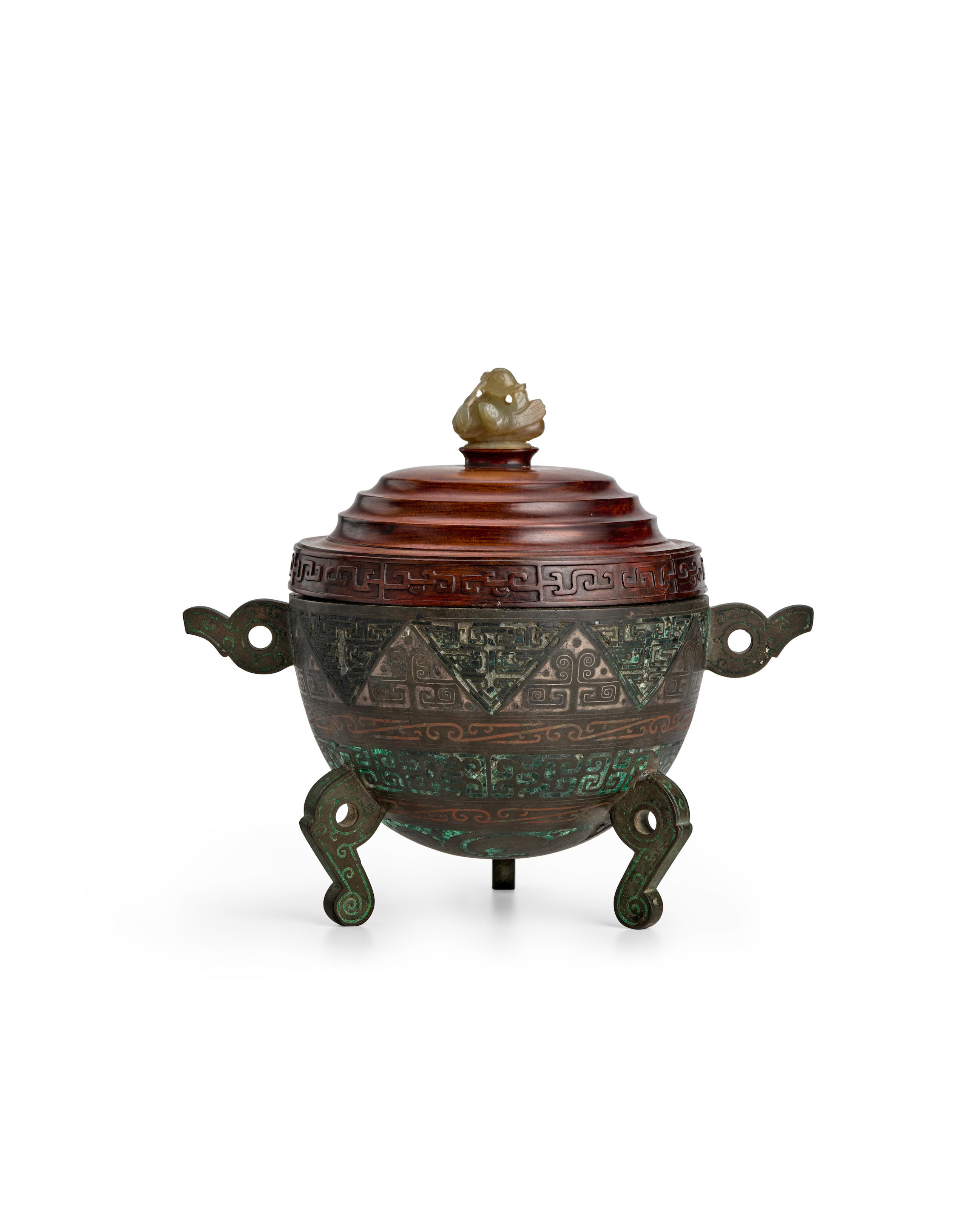 Appraisal: AN ARCHAISTIC INLAID BRONZE VESSEL DUI Ming dynasty The half-spherical