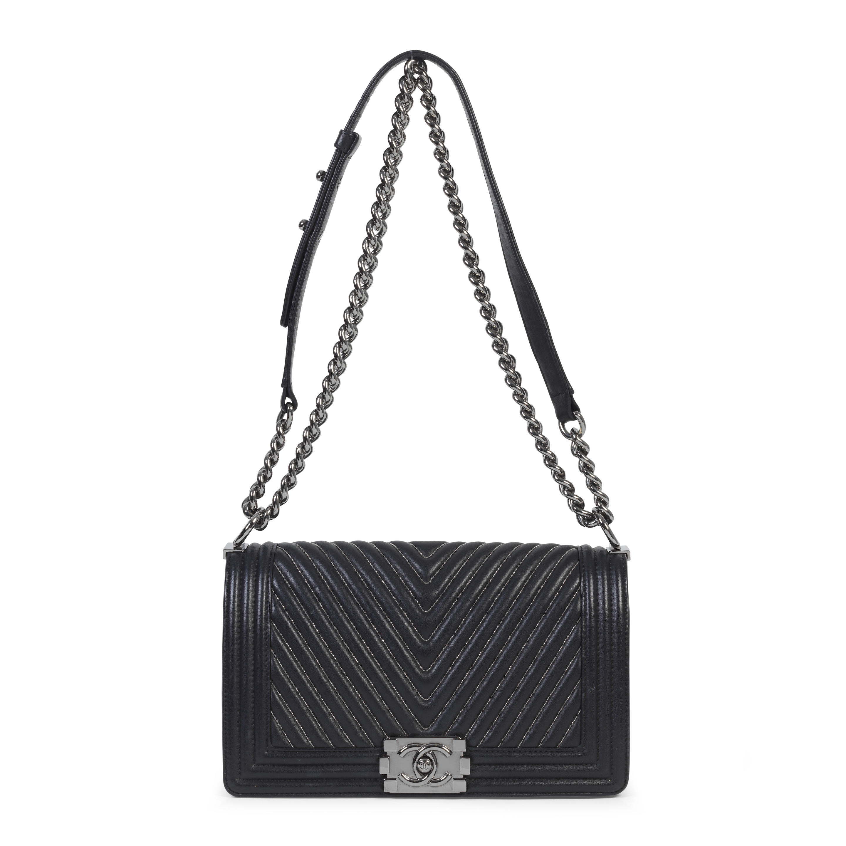 Appraisal: KARL LAGERFELD FOR CHANEL A BLACK EMBELLISHED CHEVRON MEDIUM BOY