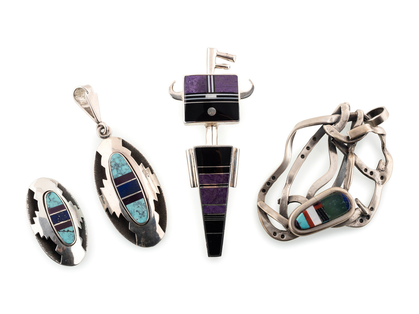 Appraisal: Navajo and Apache Sterling Silver Pendants and Pins with Mosaic