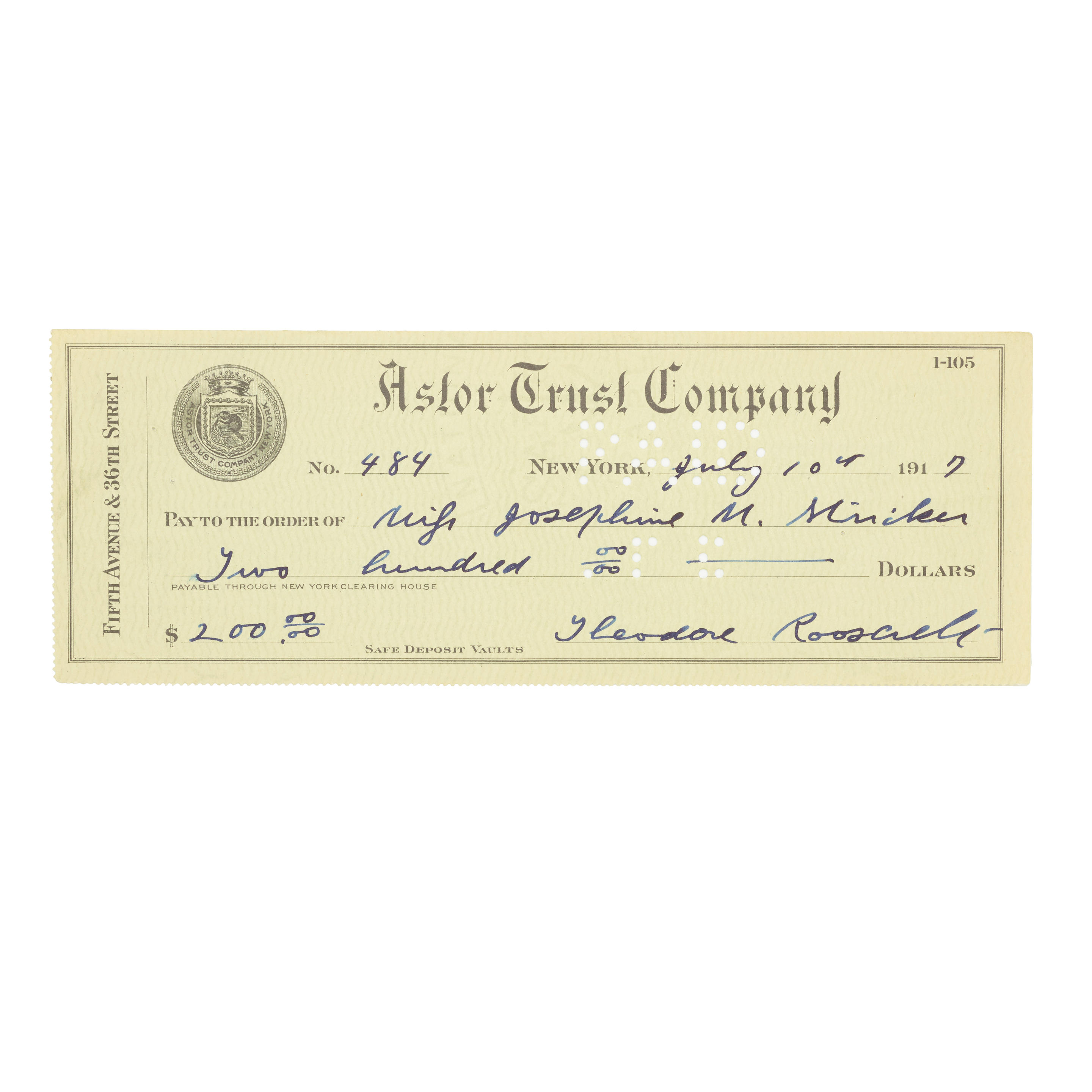 Appraisal: ROOSEVELT CHECK FOR HIS SECRETARY ROOSEVELT THEODORE - Printed Check