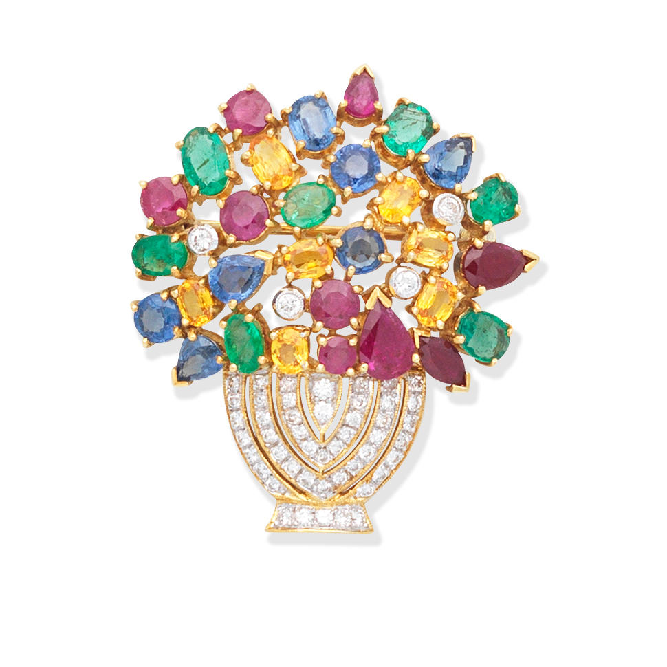 Appraisal: MULTI GEM-SET GIARDINETTO BROOCH The brilliant-cut diamond basket issuing a