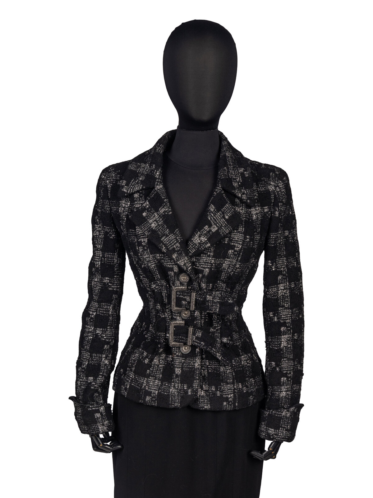 Appraisal: Chanel Jacket Chanel single-breasted jacket in black wool and silver