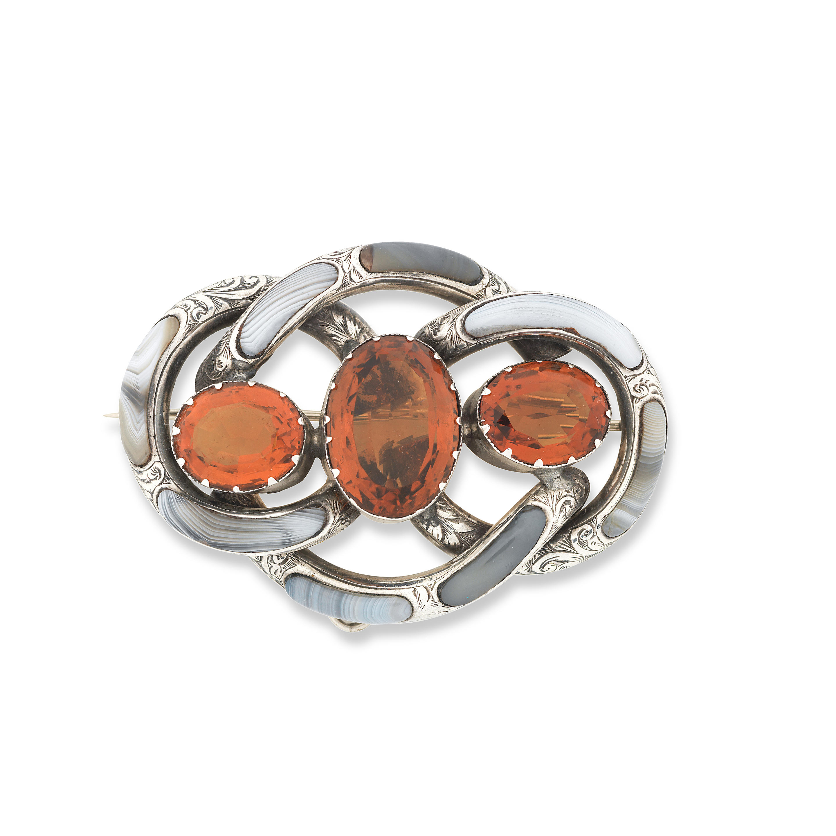 Appraisal: A SILVER CITRINE AND HARDSTONE PENDANT BROOCH VICTORIAN Of foliate