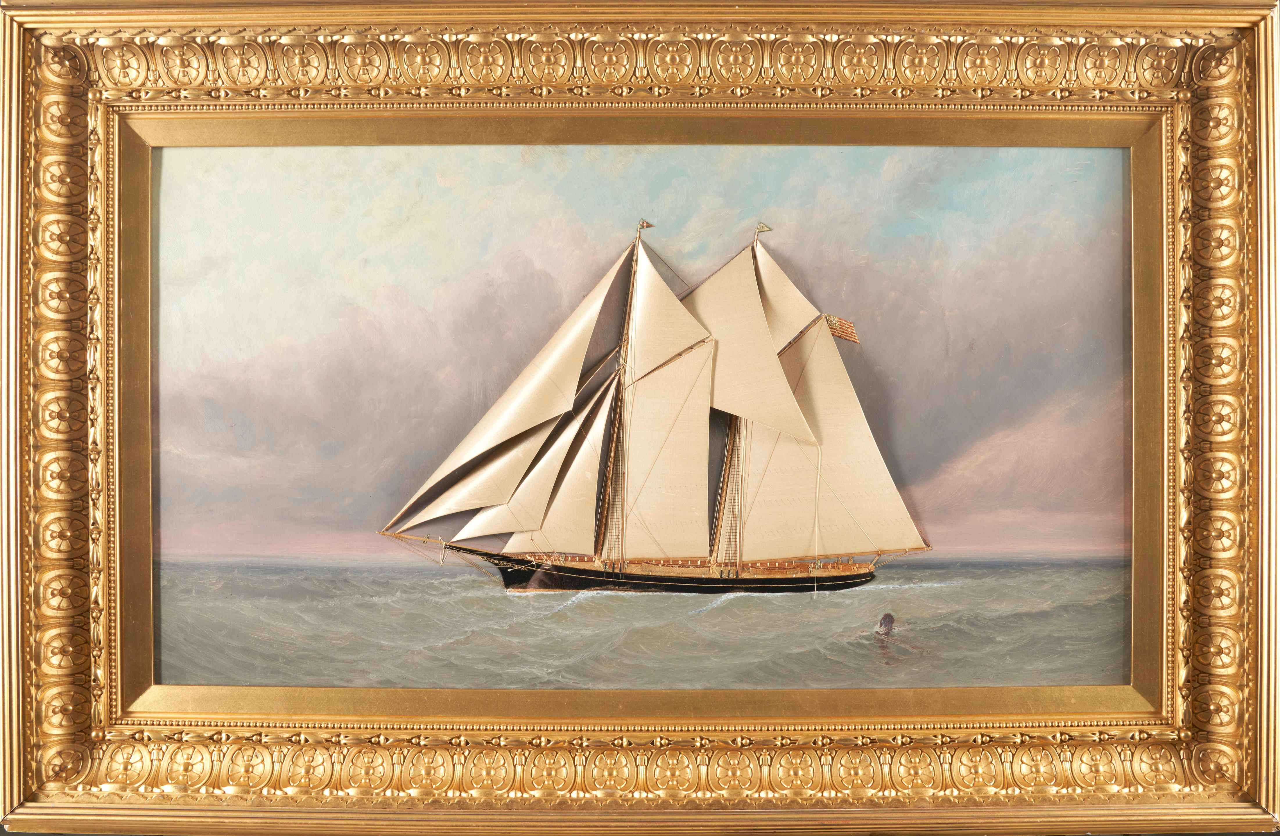 Appraisal: NEEDLEWORK SHIPPING DIORAMA OF SCHOONER attributed to Thomas H Willis