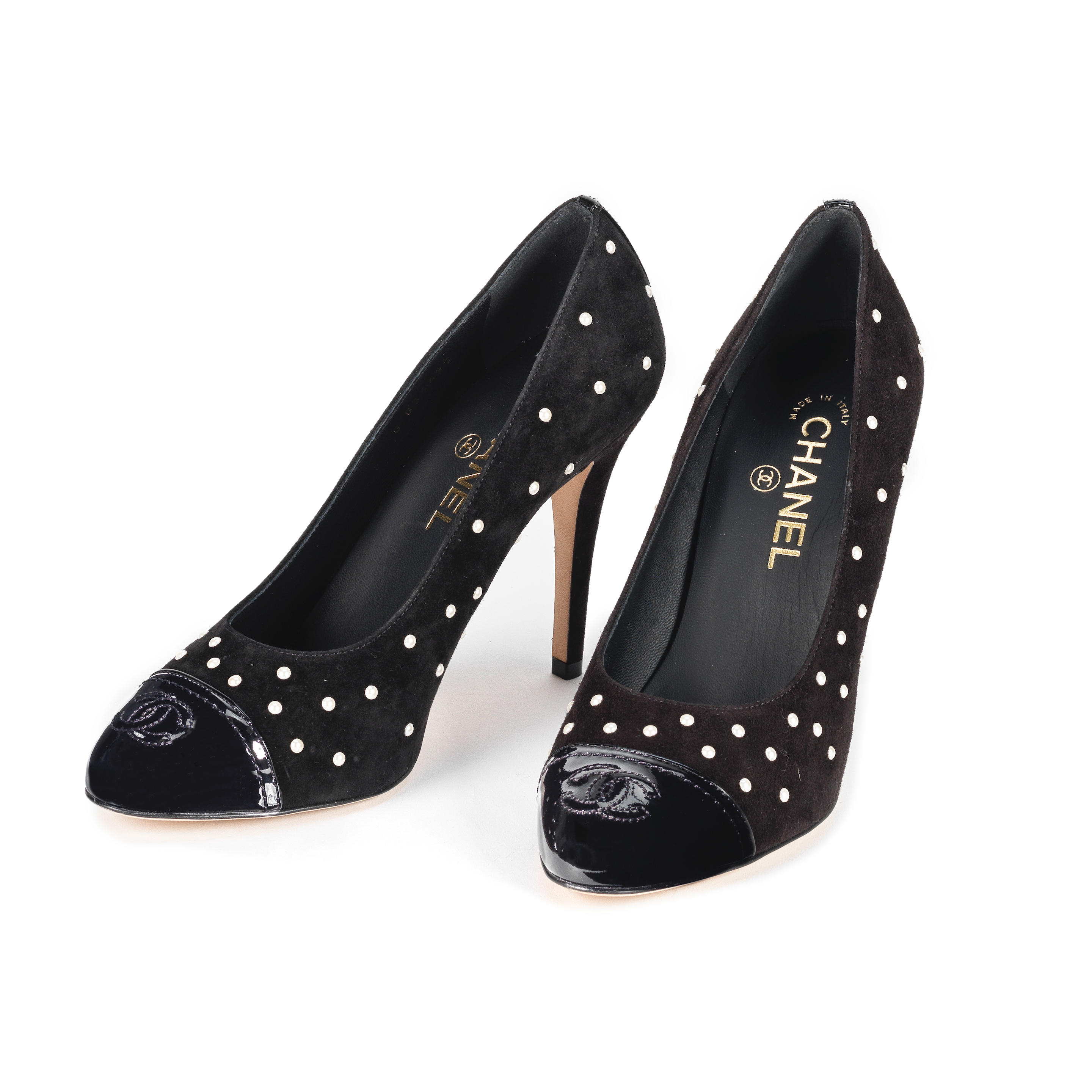 Appraisal: CHANEL A PAIR OF PEARL EMBELLISHED BLACK SUEDE HEELS Black