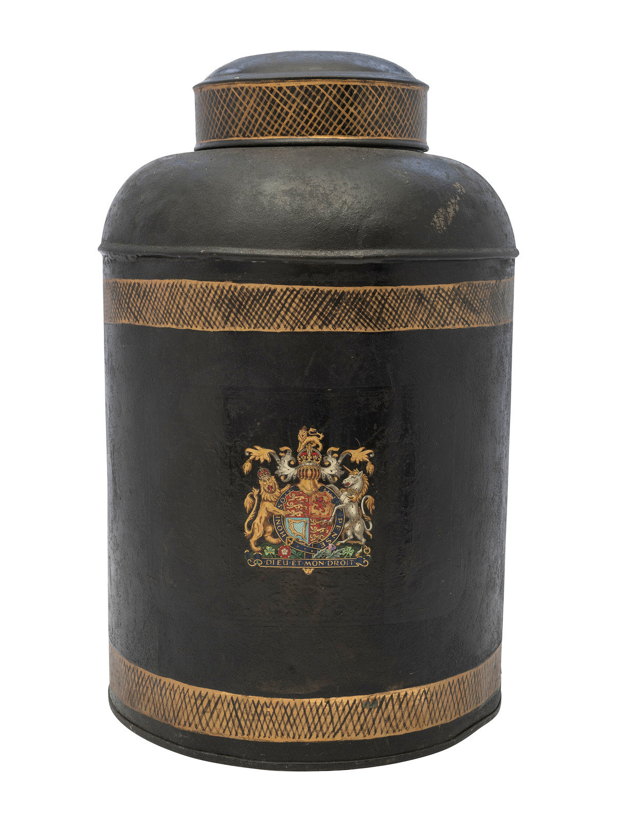 Appraisal: An English Armorial Tole Painted Tea Canister th Century with