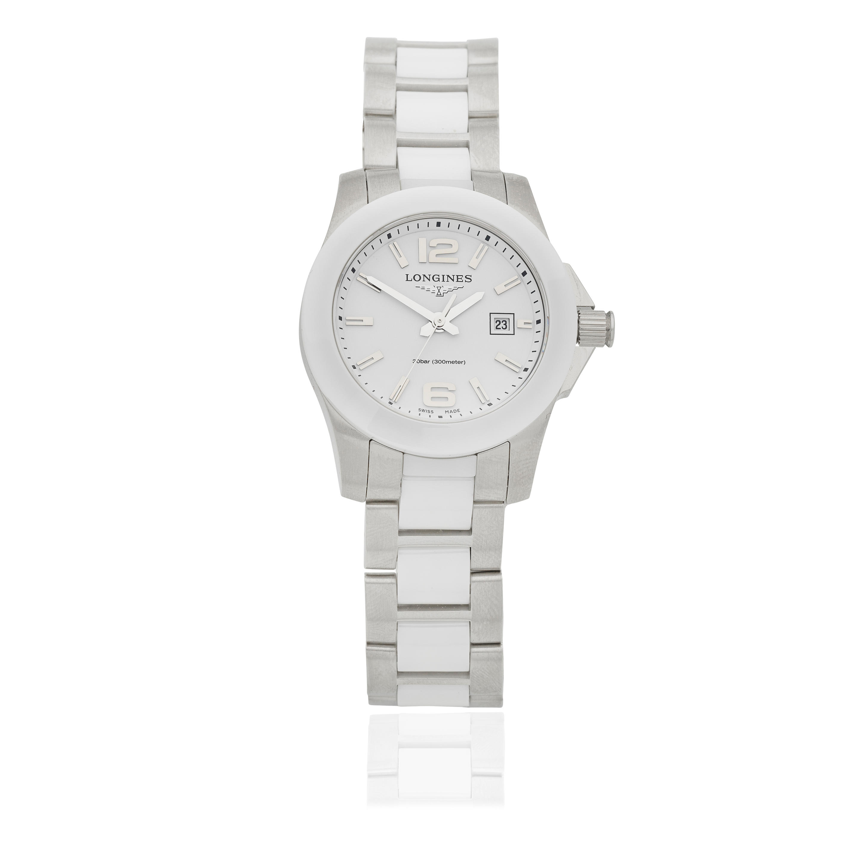 Appraisal: LONGINES A LADY'S STAINLESS STEEL AND WHITE CERAMIC QUARTZ CALENDAR