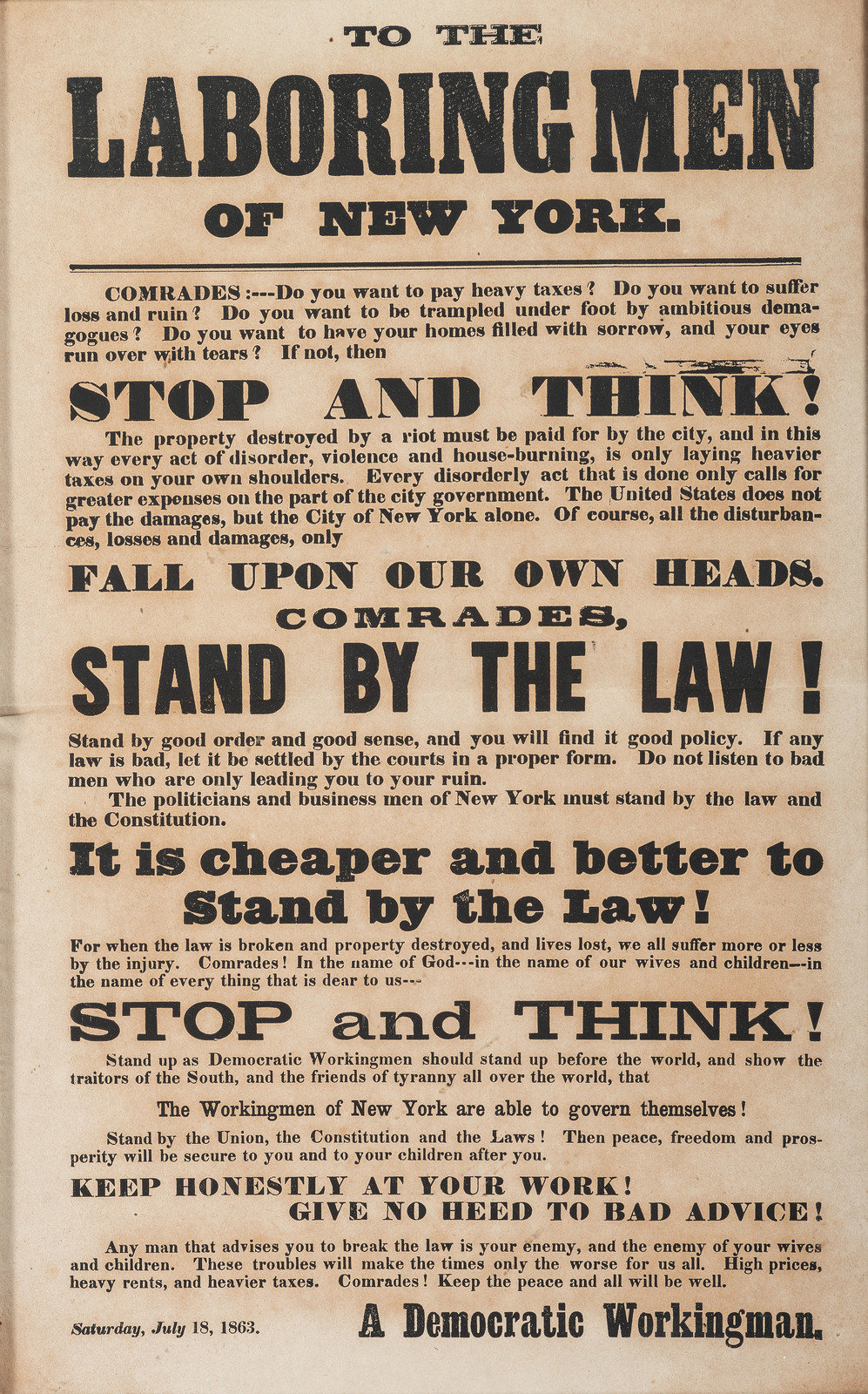 Appraisal: CIVIL WAR -- NEW YORK CITY DRAFT RIOTS To the