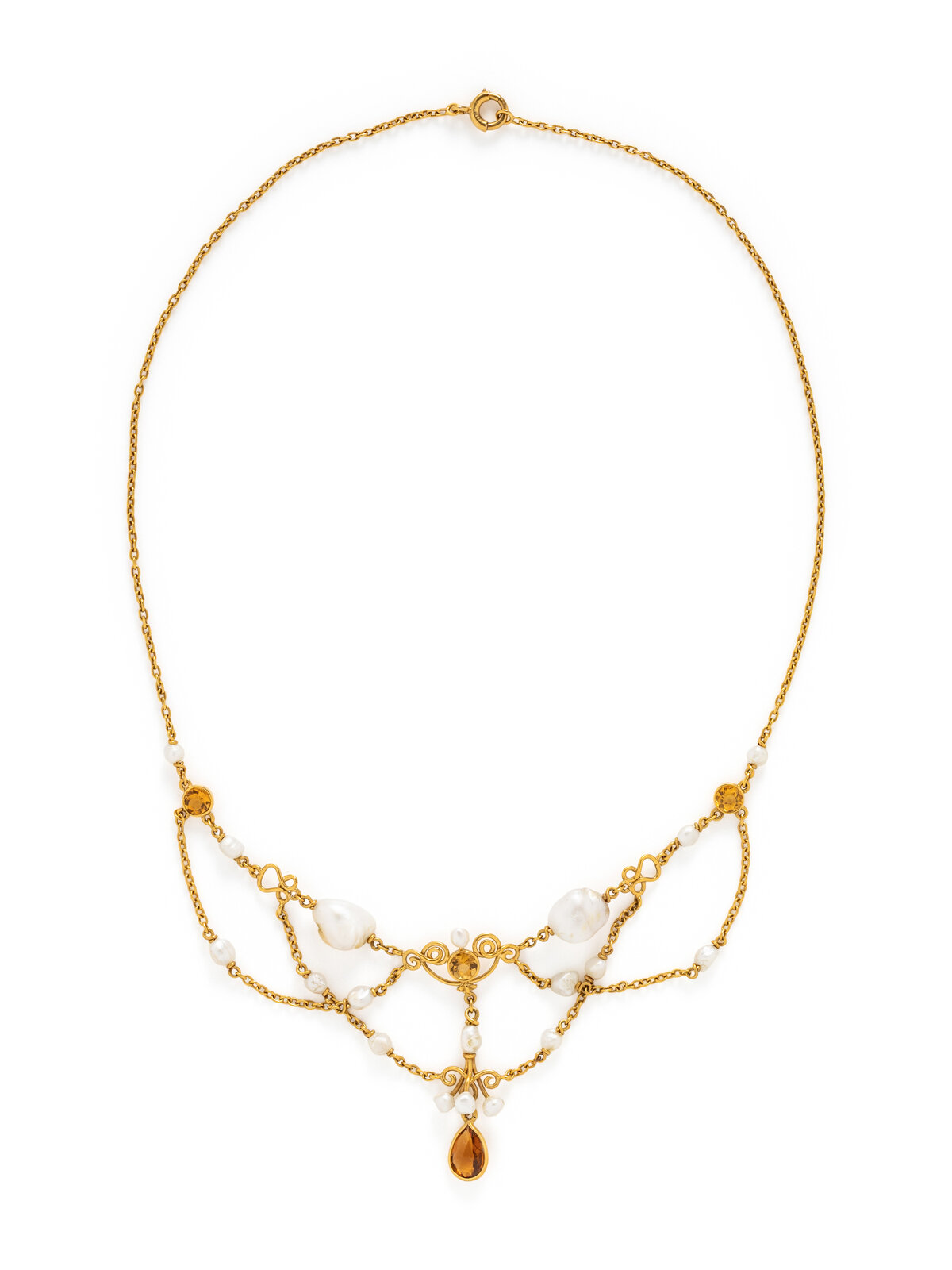 Appraisal: YELLOW GOLD KESHI PEARL AND CITRINE NECKLACE Round cut and