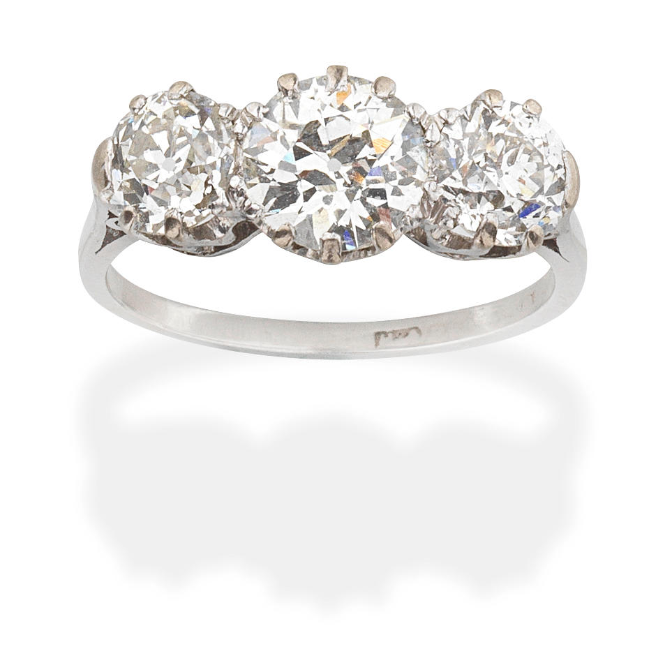 Appraisal: DIAMOND THREE-STONE RING Old brilliant-cut diamonds diamonds approx cts total