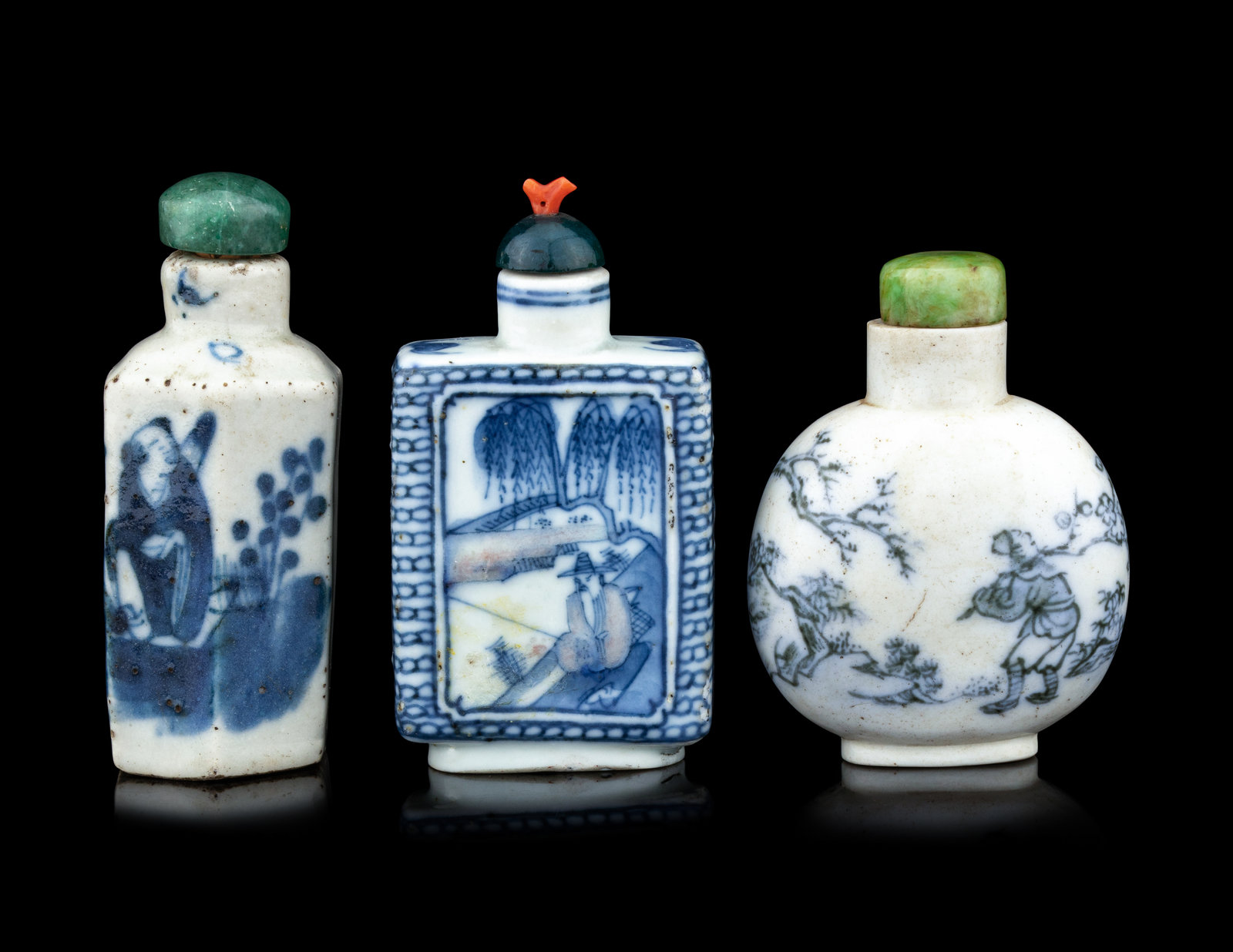 Appraisal: Three Chinese Blue and White Porcelain 'Figures' Snuff Bottles the