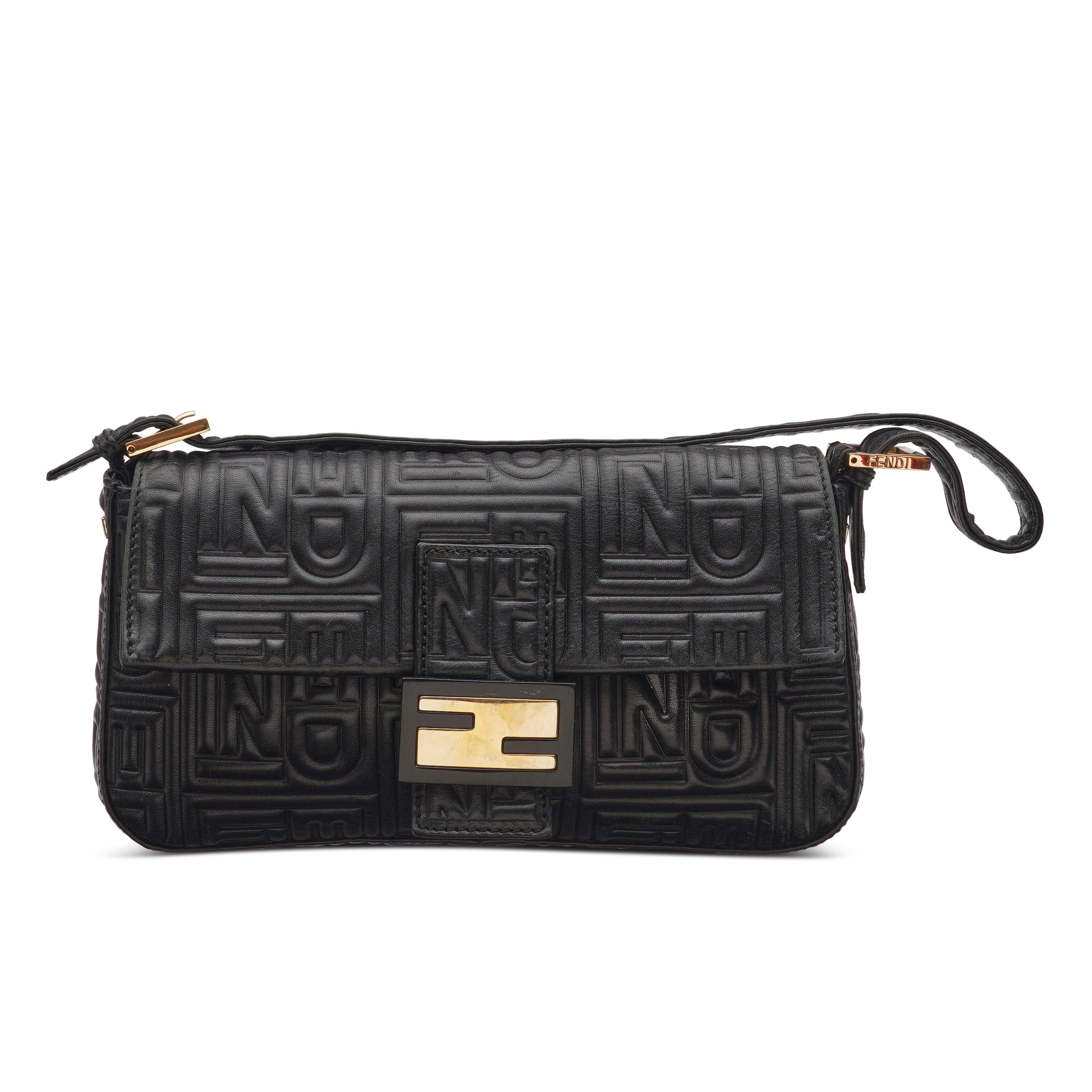 Appraisal: FENDI BLACK LEATHER EMBOSSED HANDBAG The bag with gold-toned hardware