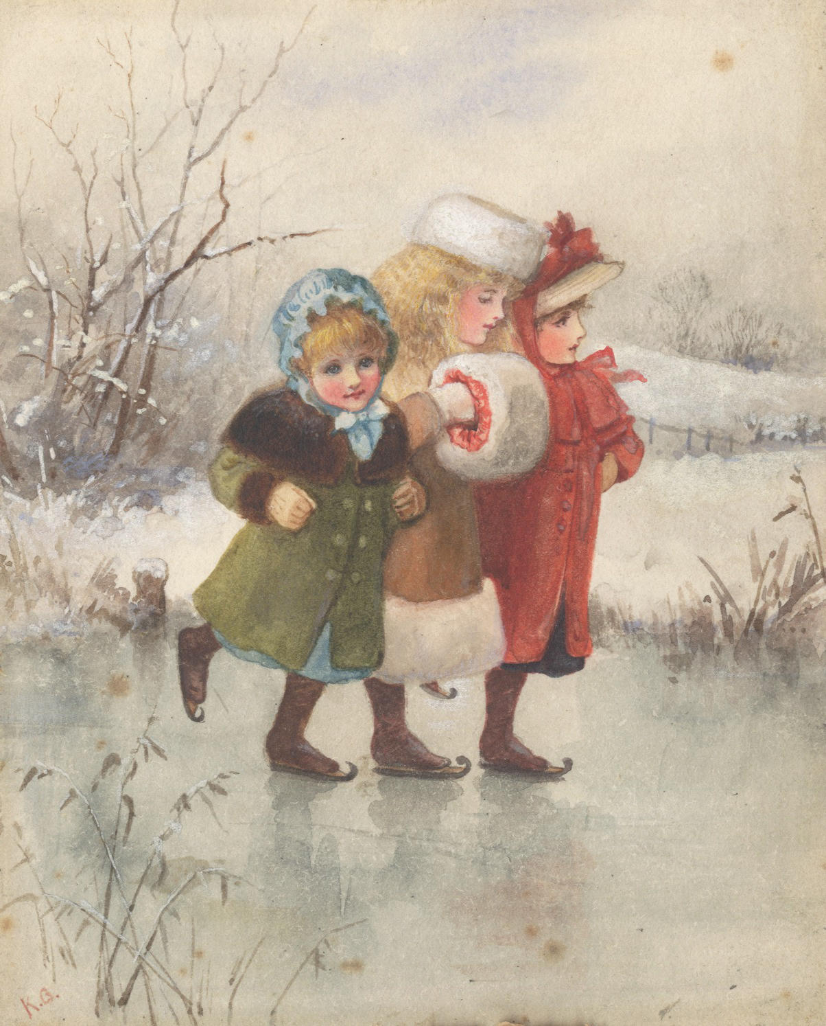 Appraisal: GREENAWAY KATE Original illustration of three ice-skating children watercolour on