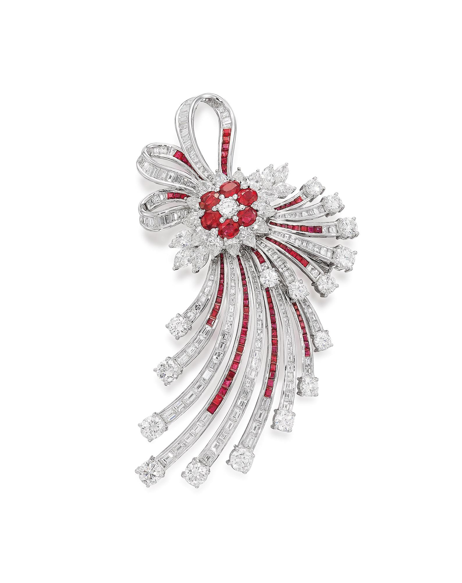 Appraisal: RUBY AND DIAMOND 'SPRAY' BROOCH Set throughout with pear- marquise-