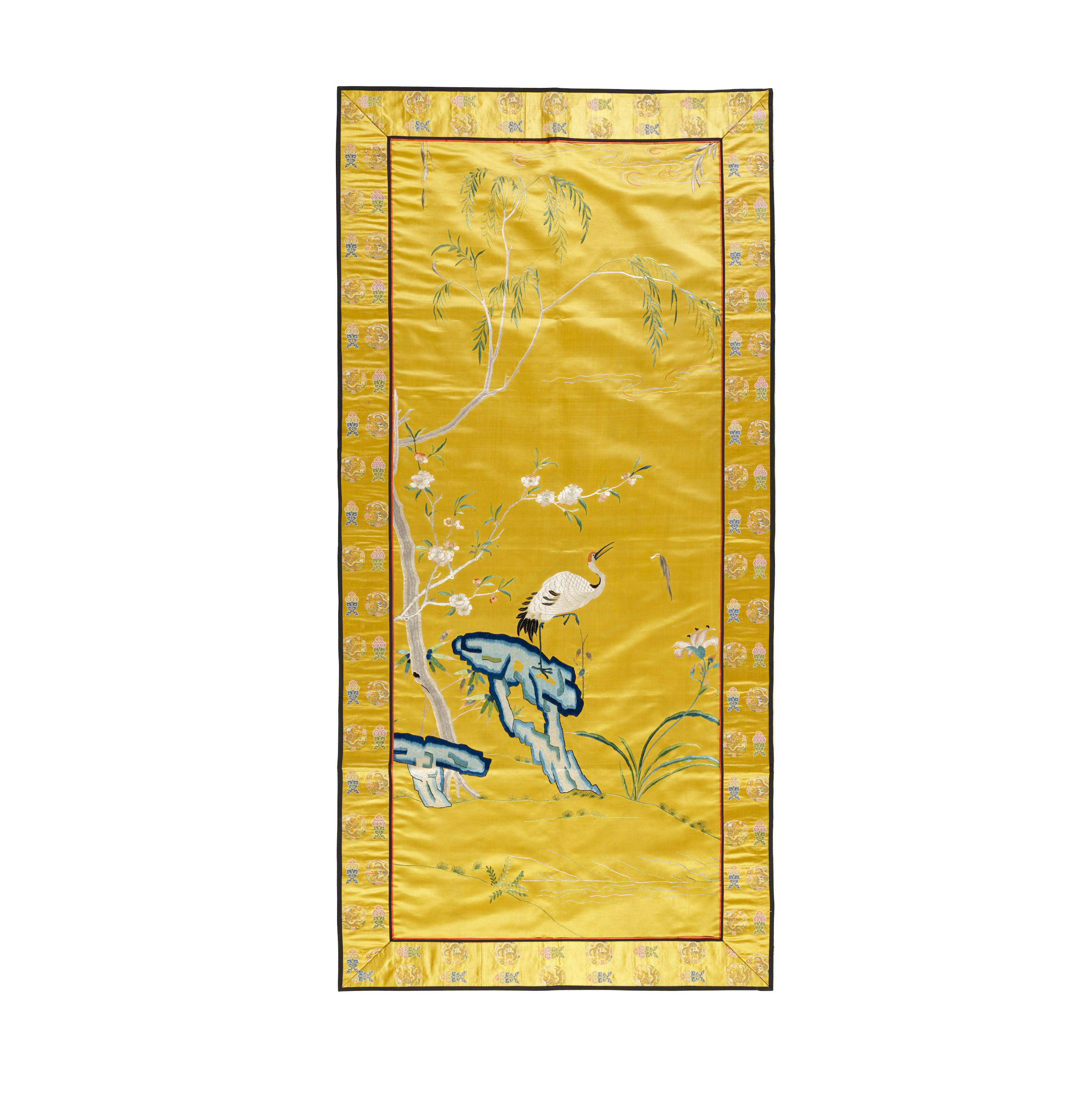 Appraisal: A YELLOW-GROUND EMBROIDERED SILK 'CRANE' PANEL th century Rectangular of