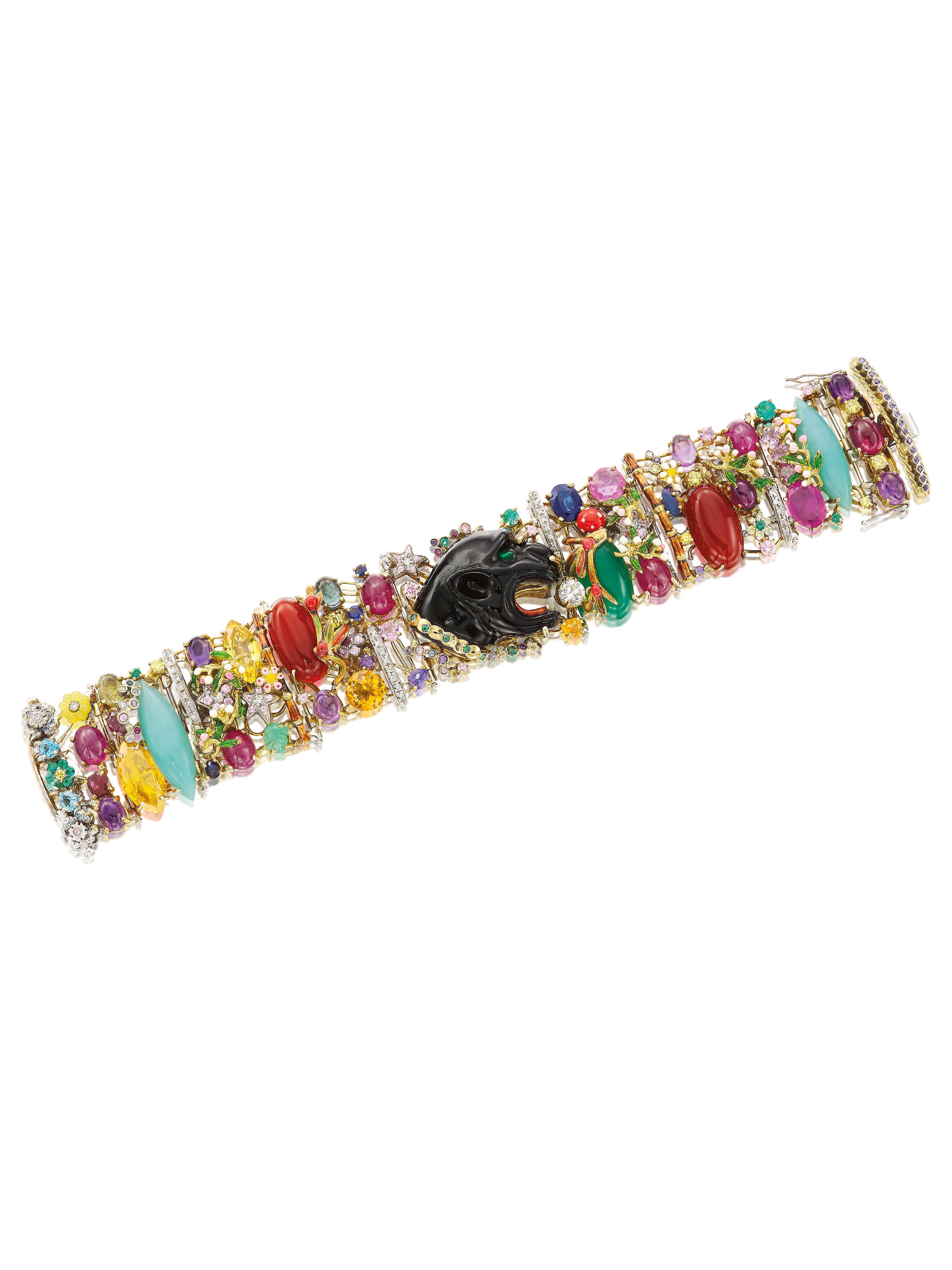 Appraisal: MULTI-GEM AND DIAMOND 'PANTHER' BRACELET Centring a carved oynx panther