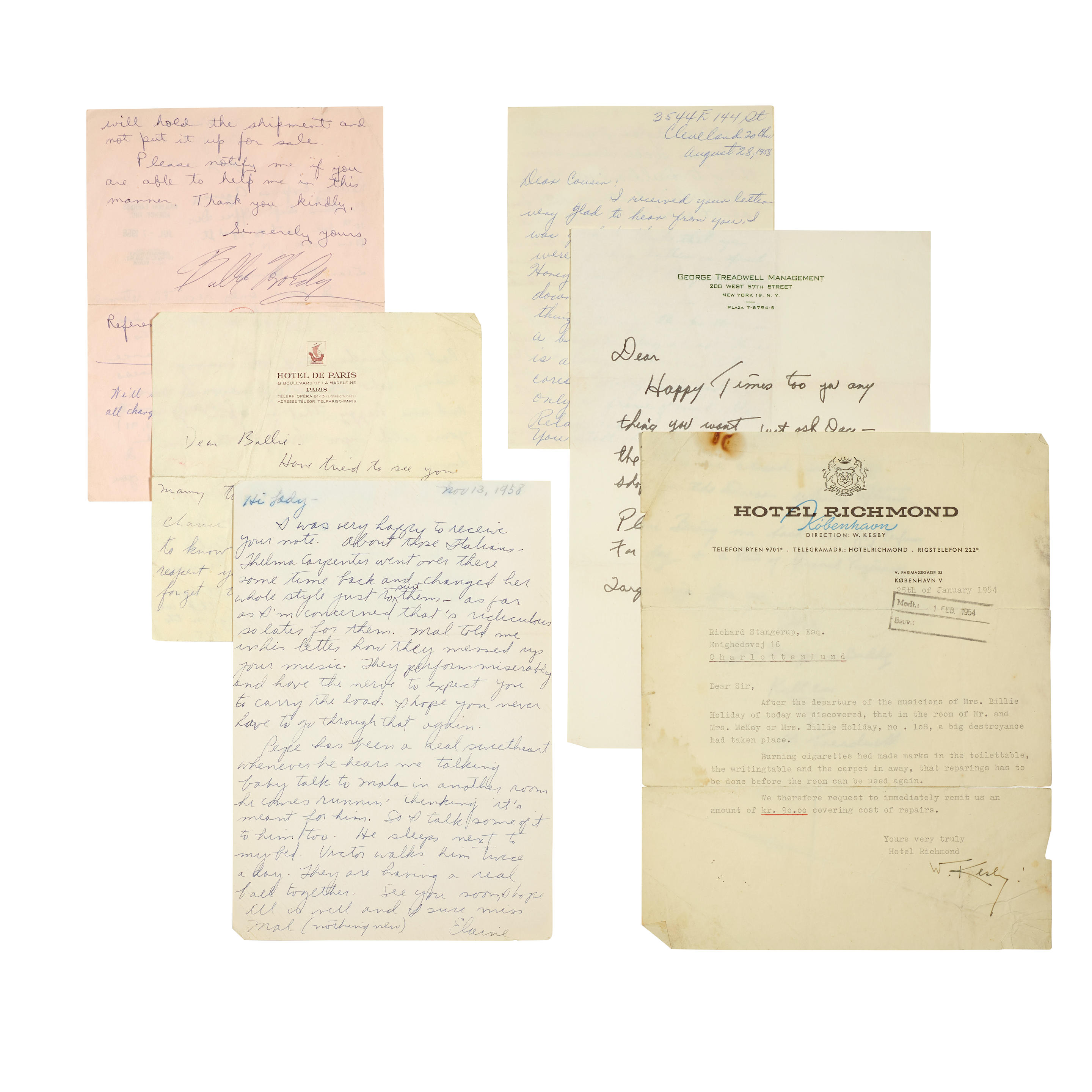 Appraisal: A LARGE COLLECTION OF BILLIE HOLIDAY CORRESPONDENCE Comprising postcards birthday