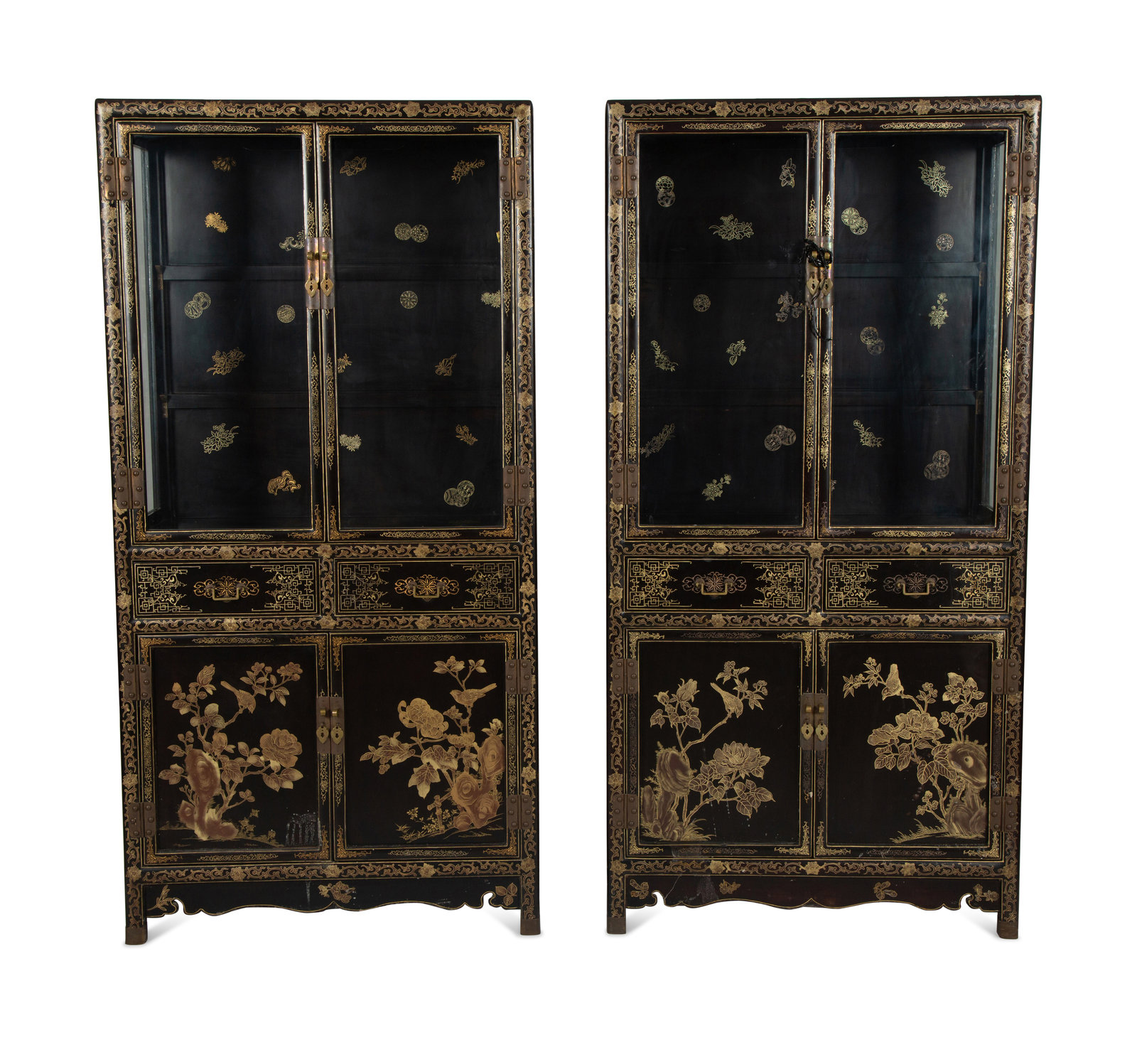 Appraisal: A Pair of Chinese Gilt Decorated Black Lacquer Vitrine Cabinets