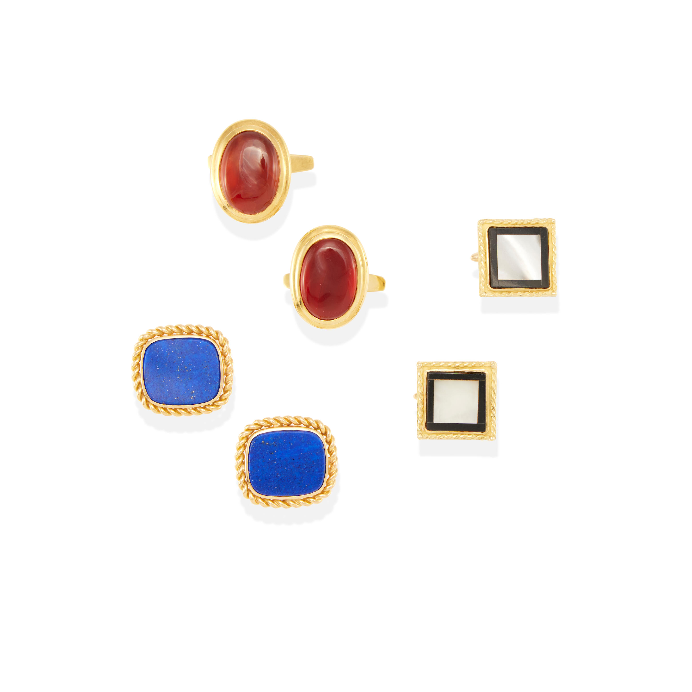 Appraisal: THREE PAIRS OF K GOLD AND HARDSTONES CUFFLINKS k yellow