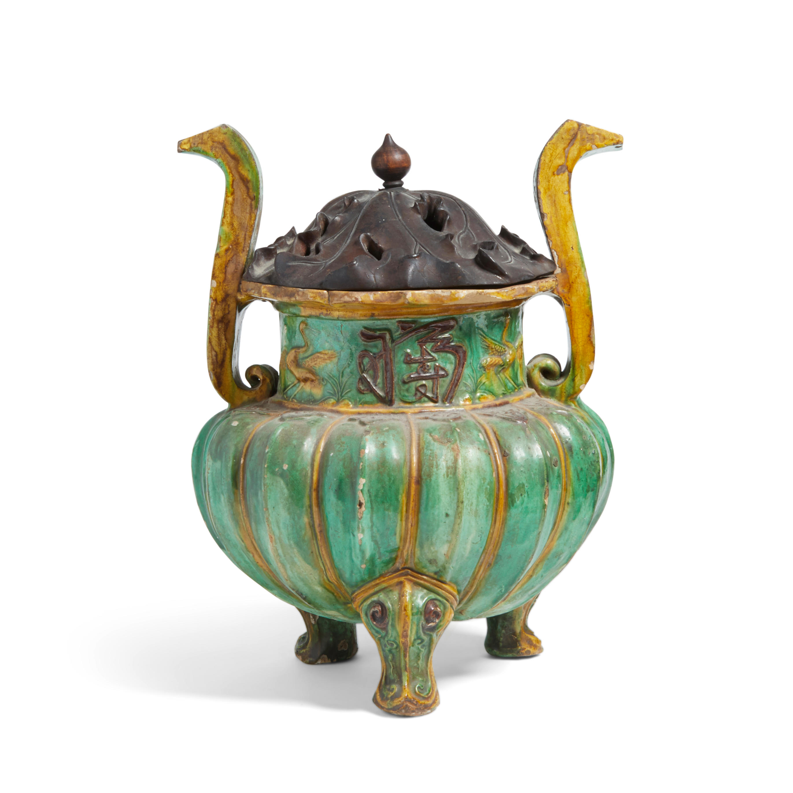 Appraisal: A MING-STYLE SANCAI -GLAZED TRIPOD CENSER th century The globular