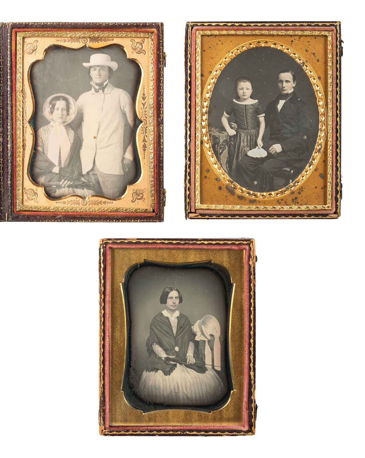 Appraisal: EARLY PHOTOGRAPHY daguerreotype portraits featuring female subjects with hats fans