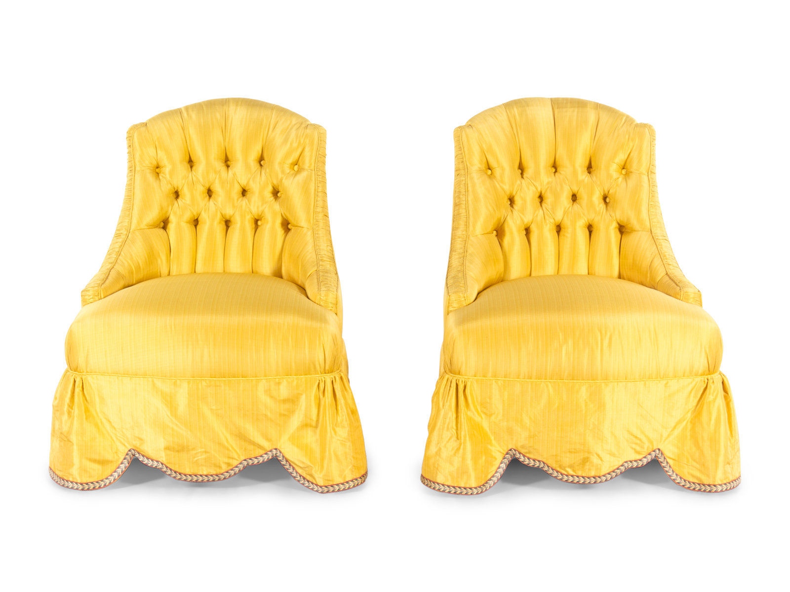 Appraisal: A Pair of Yellow Silk Button Tufted Slipper Chairs th