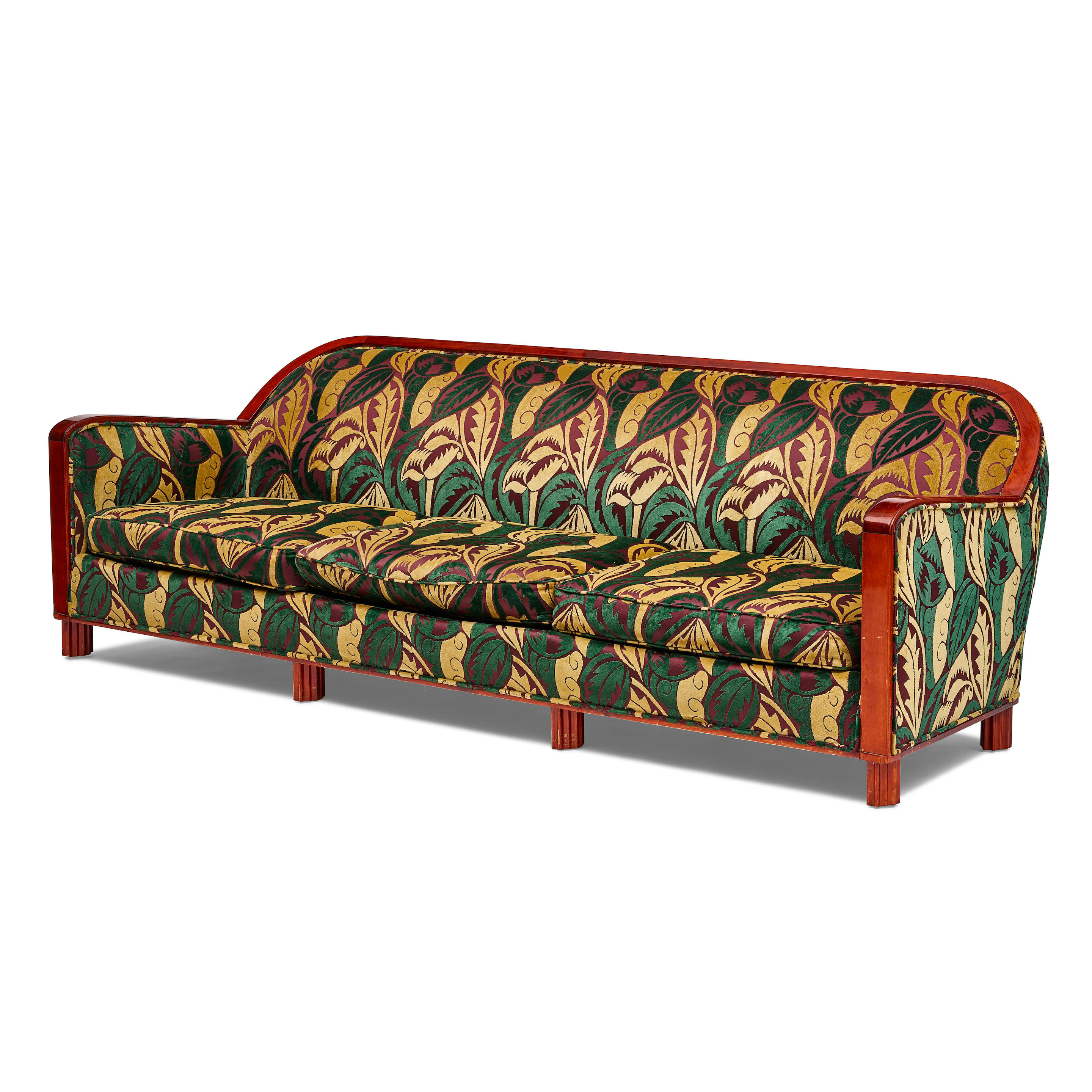 Appraisal: FRENCH ART DECO Three Seat Floral Sofa circa mahogany upholstery