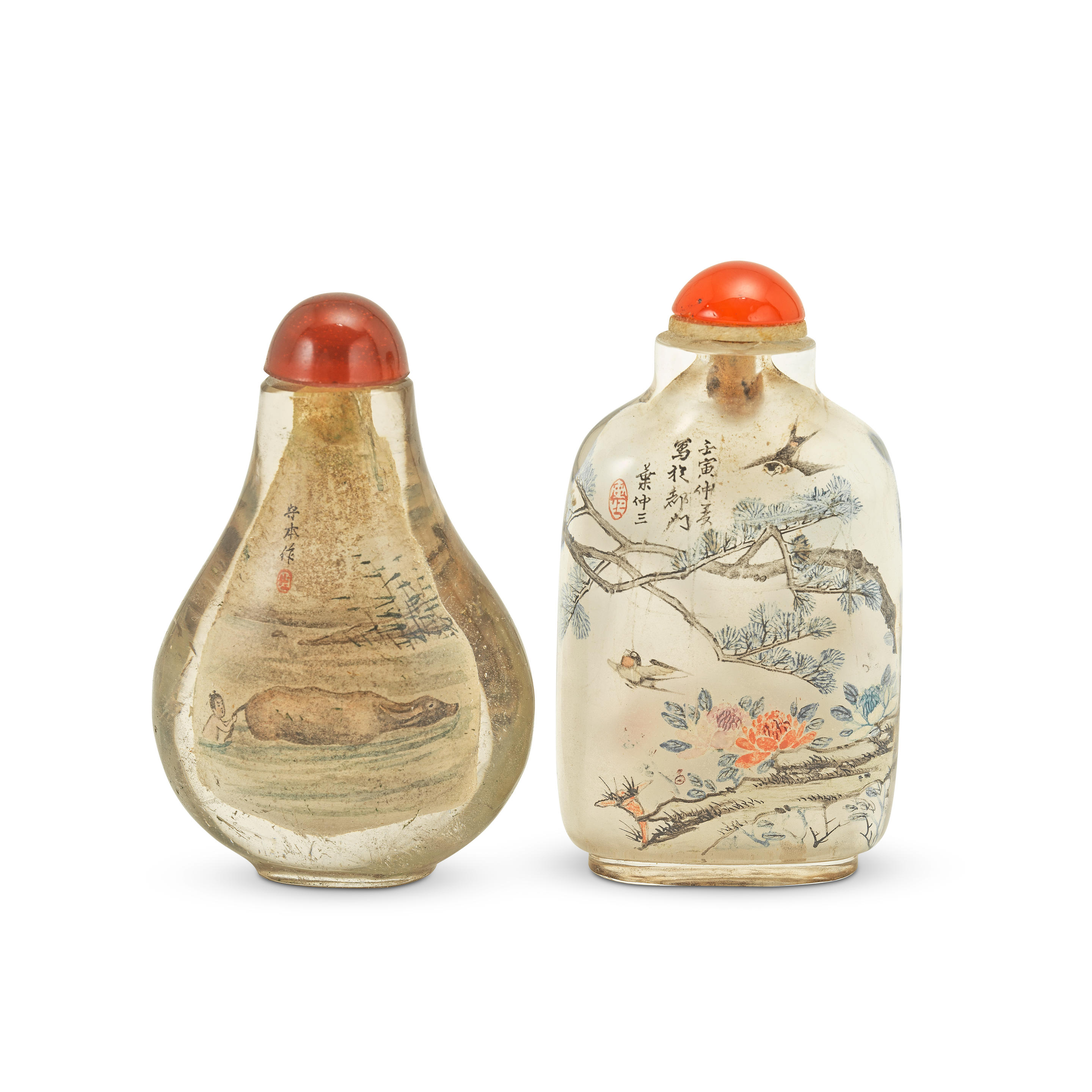 Appraisal: TWO INSIDE-PAINTED ROCK CRYSTAL SNUFF BOTTLES One signed Liu Shouben