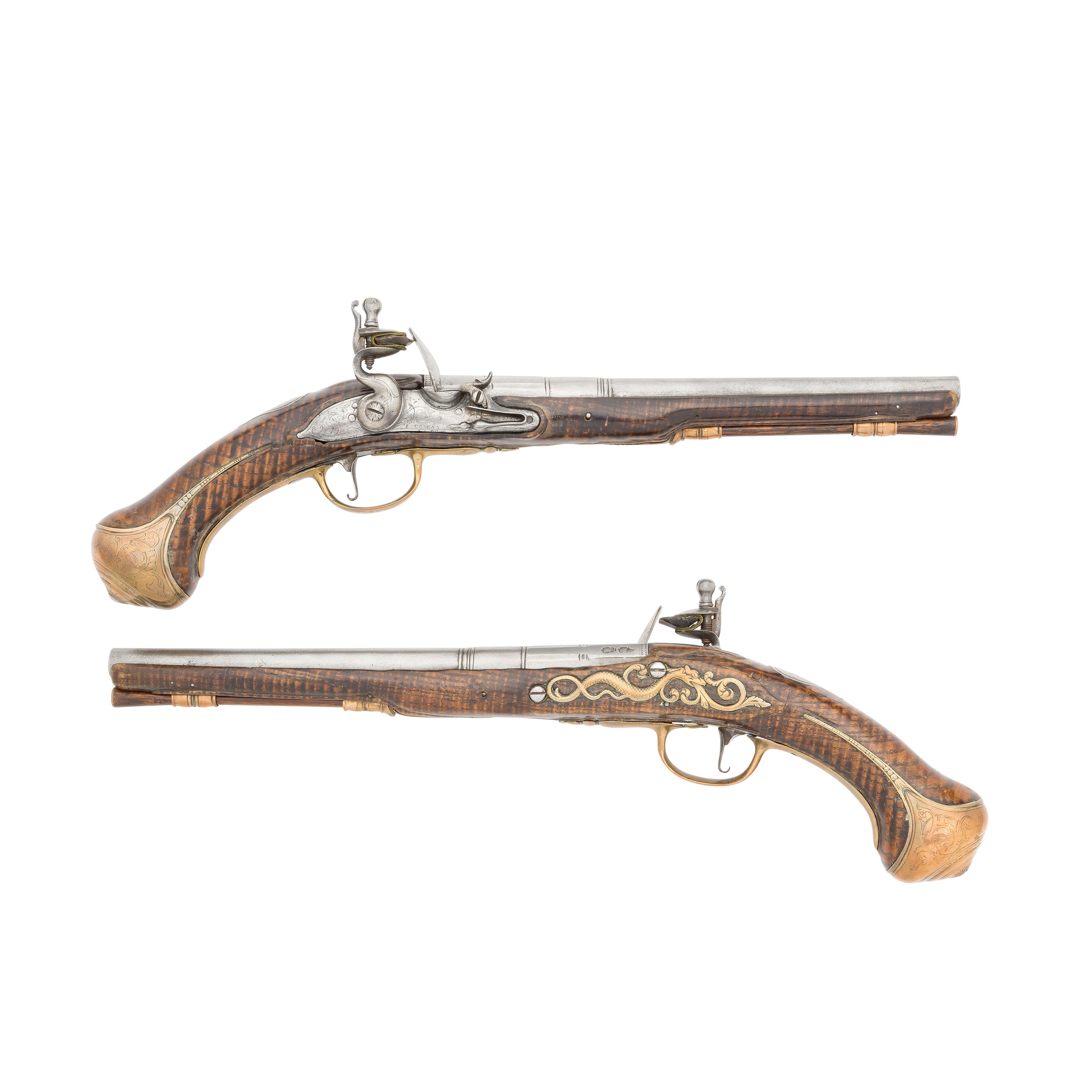 Appraisal: A PAIR OF -BORE FLINTLOCK BRASS-MOUNTED HOLSTER PISTOLS BY I