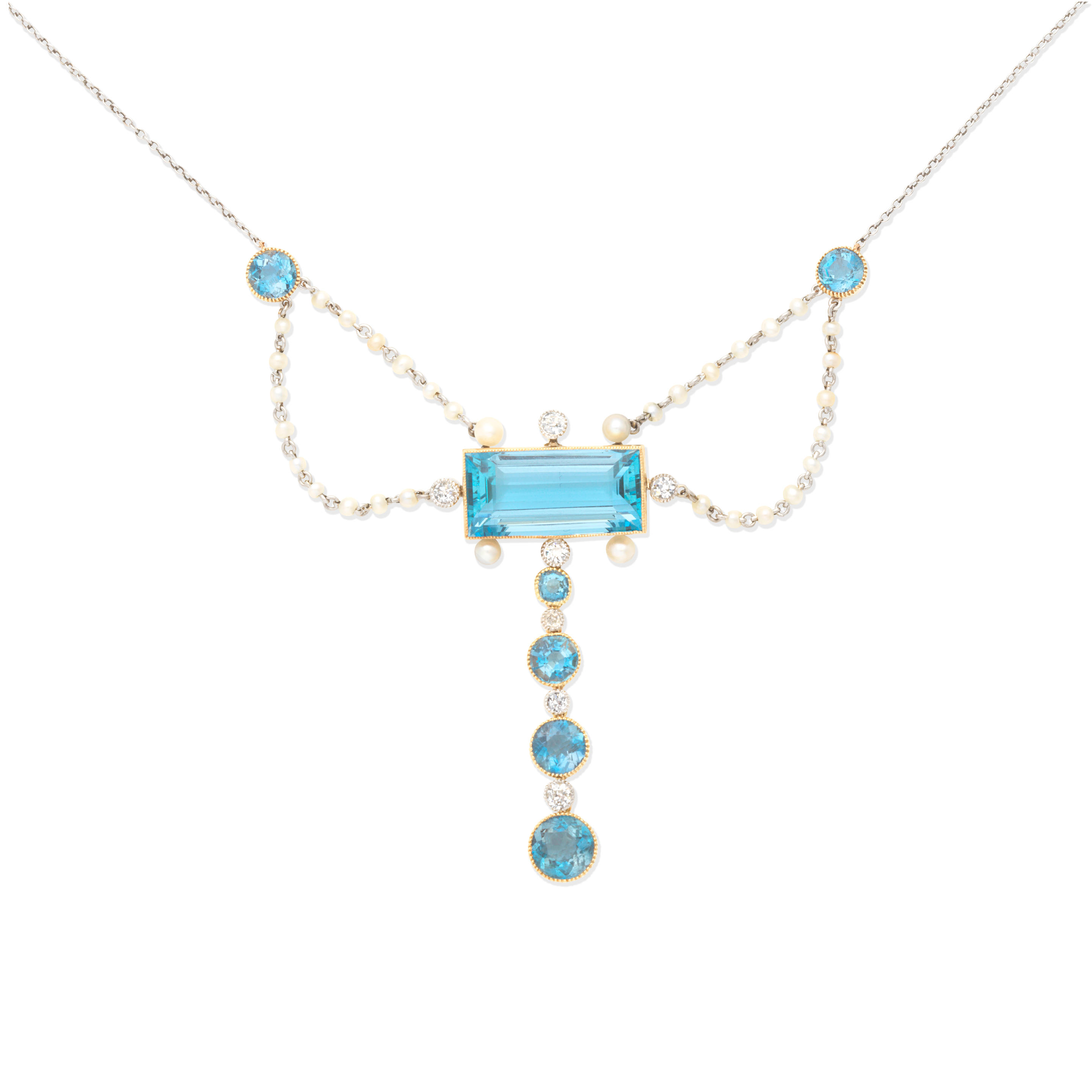 Appraisal: AQUAMARINE DIAMOND AND SEED PEARL NECKLACE The rectangular step-cut aquamarine